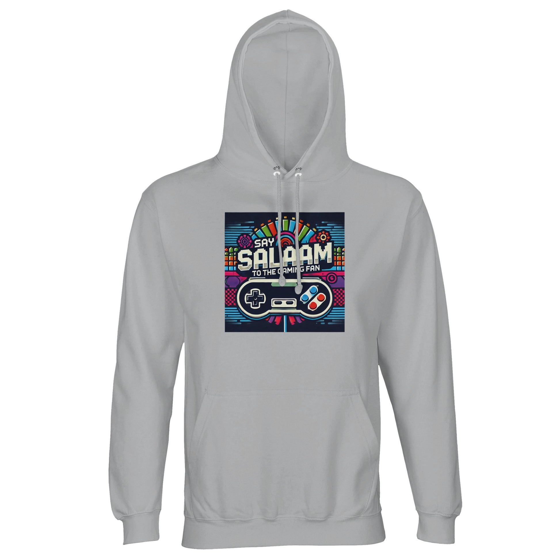 Say Salaam to the Gaming Fan Design #4 Part-Recycled Unisex Cotton-Poly Hoodie (light) in Ash / Silver Chalice jumper featuring bold retro gaming artwork, brushed fleece lining for warmth, relaxed streetwear fit and durable cotton-poly blend at a great price, ideal for gamers, esports fans, PlayStation, Xbox, FIFA, Call of Duty and late-night online multiplayer sessions.