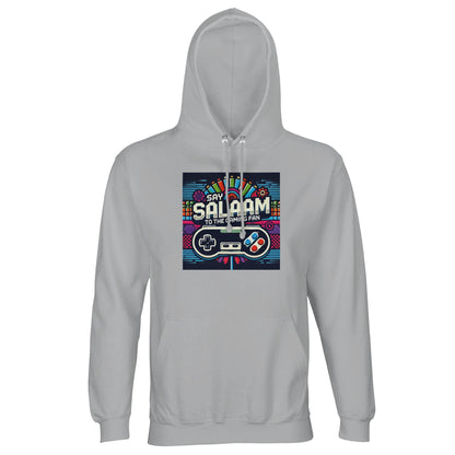 Say Salaam to the Gaming Fan Design #4 Part-Recycled Unisex Cotton-Poly Hoodie (light) in Ash / Silver Chalice jumper featuring bold retro gaming artwork, brushed fleece lining for warmth, relaxed streetwear fit and durable cotton-poly blend at a great price, ideal for gamers, esports fans, PlayStation, Xbox, FIFA, Call of Duty and late-night online multiplayer sessions.