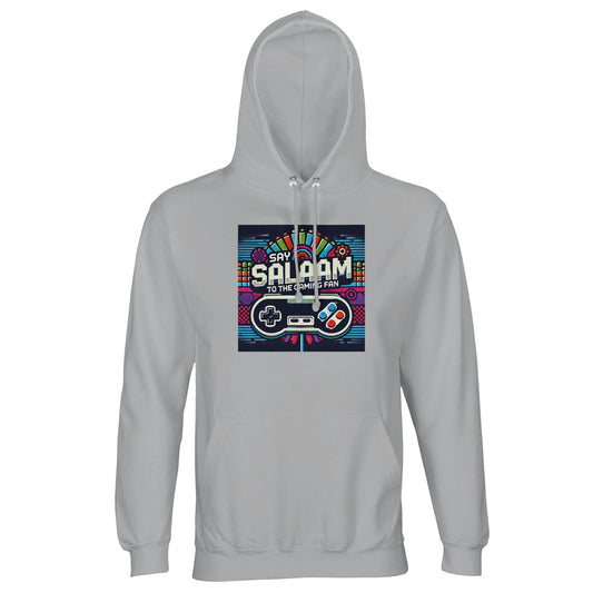 Say Salaam to the Gaming Fan Design #4 Part-Recycled Unisex Cotton-Poly Hoodie (light) in Ash / Silver Chalice jumper featuring bold retro gaming artwork, brushed fleece lining for warmth, relaxed streetwear fit and durable cotton-poly blend at a great price, ideal for gamers, esports fans, PlayStation, Xbox, FIFA, Call of Duty and late-night online multiplayer sessions.