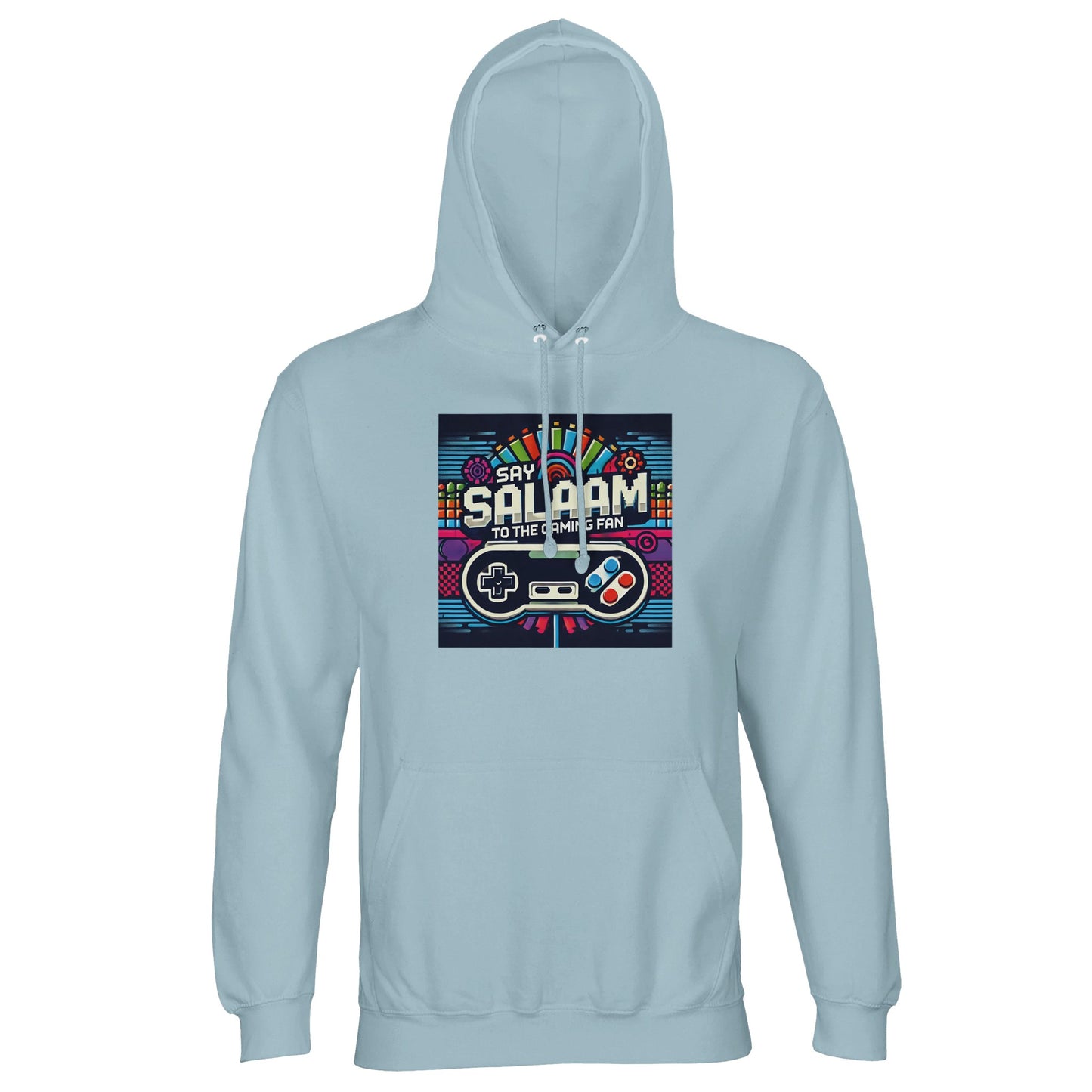 Say Salaam to the Gaming Fan Design #4 Part-Recycled Unisex Cotton-Poly Hoodie (light) in Blue / Marble Blue / Blue-Grey / Waikawa Grey jumper featuring eye-catching retro console print, brushed fleece lining and comfortable unisex cut in recycled cotton-poly blend at great value. Ideal for gamers, esports enthusiasts, PlayStation and Xbox players, FIFA fixtures, Call of Duty skirmishes and late-night online multiplayer sessions, this jumper brings streetwear style, sustainability & gaming culture together.