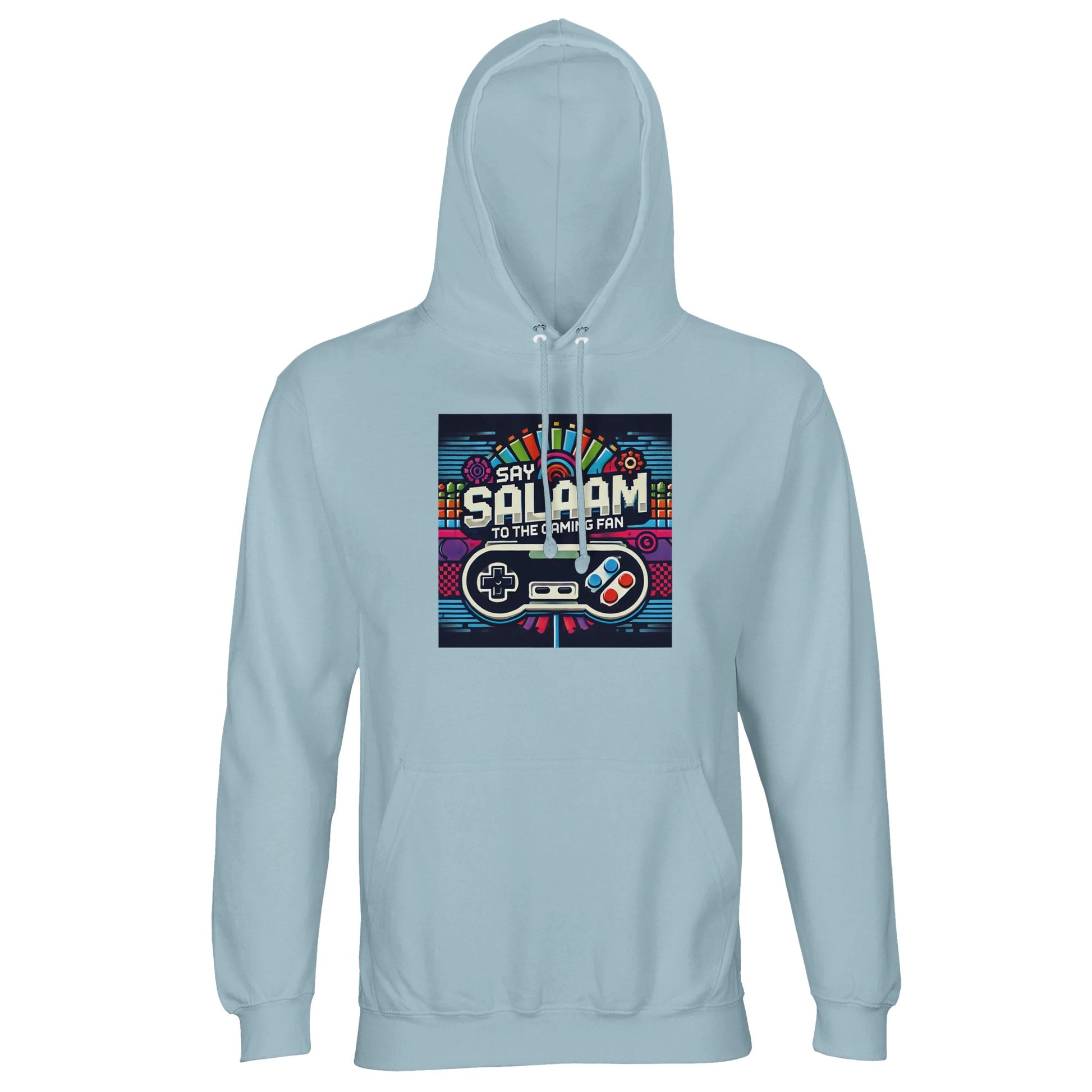 Say Salaam to the Gaming Fan Design #4 Part-Recycled Unisex Cotton-Poly Hoodie (light) in Blue / Marble Blue / Blue-Grey / Waikawa Grey jumper featuring eye-catching retro console print, brushed fleece lining and comfortable unisex cut in recycled cotton-poly blend at great value. Ideal for gamers, esports enthusiasts, PlayStation and Xbox players, FIFA fixtures, Call of Duty skirmishes and late-night online multiplayer sessions, this jumper brings streetwear style, sustainability & gaming culture together.