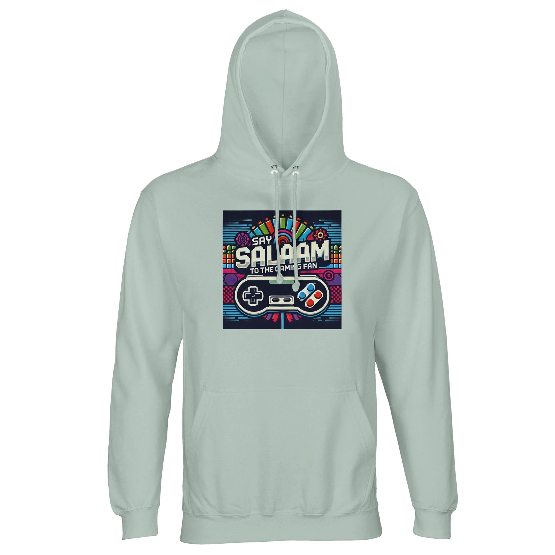 Say Salaam to the Gaming Fan Design #4 Part-Recycled Unisex Cotton-Poly Hoodie (light) in Creamy Green / Greenish Grey jumper showcasing vibrant gaming artwork, cosy fleece interior and relaxed jumper styling crafted from part-recycled cotton-poly fabric at an affordable price. Perfect for gamers, esports fans, PlayStation and Xbox users, FIFA competitions, Call of Duty missions and online multiplayer squad gaming, this hoodie delivers warmth, durability and console-inspired fashion.