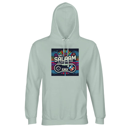 Say Salaam to the Gaming Fan Design #4 Part-Recycled Unisex Cotton-Poly Hoodie (light) in Creamy Green / Greenish Grey jumper showcasing vibrant gaming artwork, cosy fleece interior and relaxed jumper styling crafted from part-recycled cotton-poly fabric at an affordable price. Perfect for gamers, esports fans, PlayStation and Xbox users, FIFA competitions, Call of Duty missions and online multiplayer squad gaming, this hoodie delivers warmth, durability and console-inspired fashion.