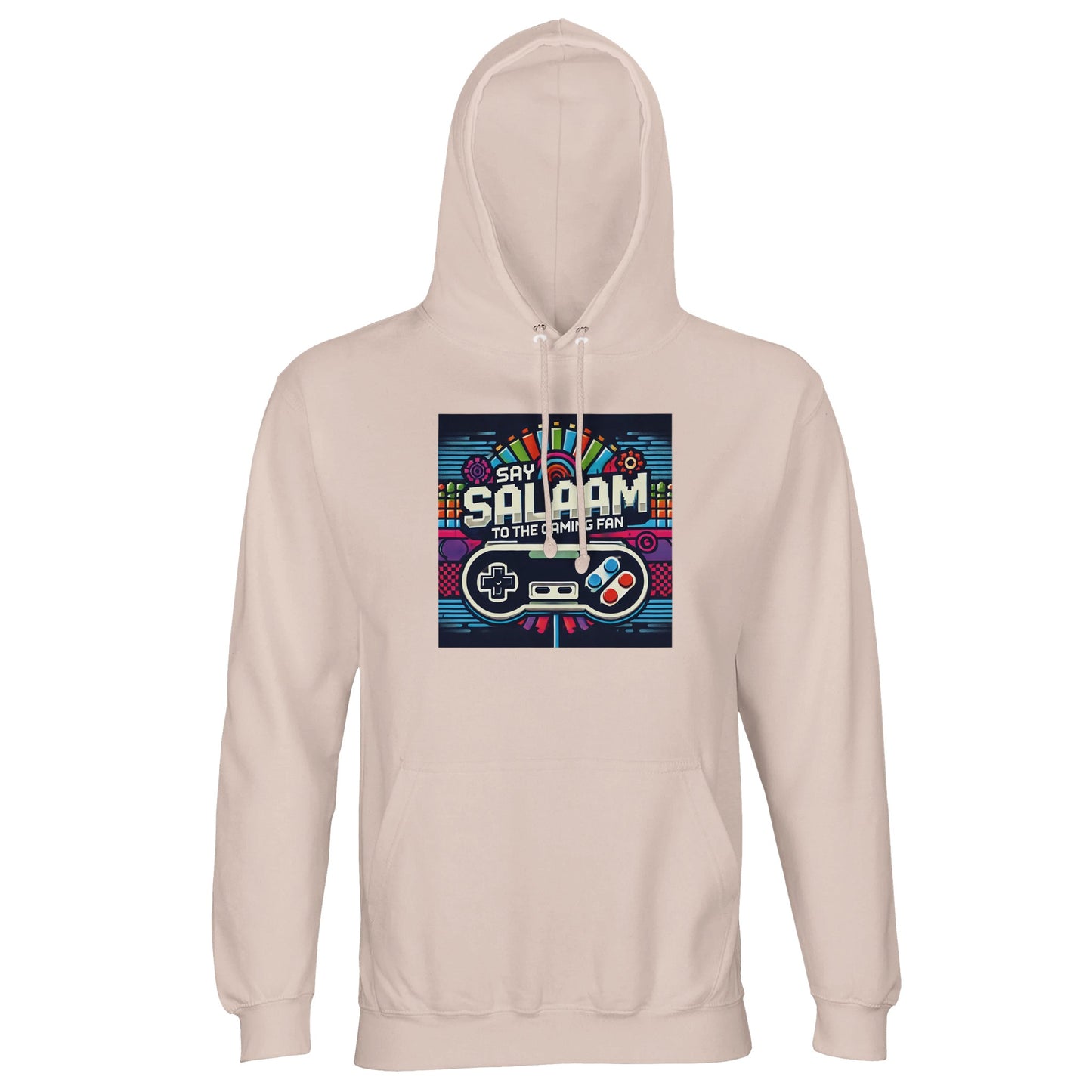 Say Salaam to the Gaming Fan Design #4 Part-Recycled Unisex Cotton-Poly Hoodie (light) in Creamy Pink / Oyster Pink jumper featuring bold vintage gaming graphic, soft brushed fleece warmth and comfortable everyday unisex fit in sustainable cotton-poly blend at a good price. Designed for gamers, esports supporters, PlayStation and Xbox players, FIFA leagues, Call of Duty battles and online multiplayer culture, this jumper blends warmth, colour and gaming lifestyle expression.