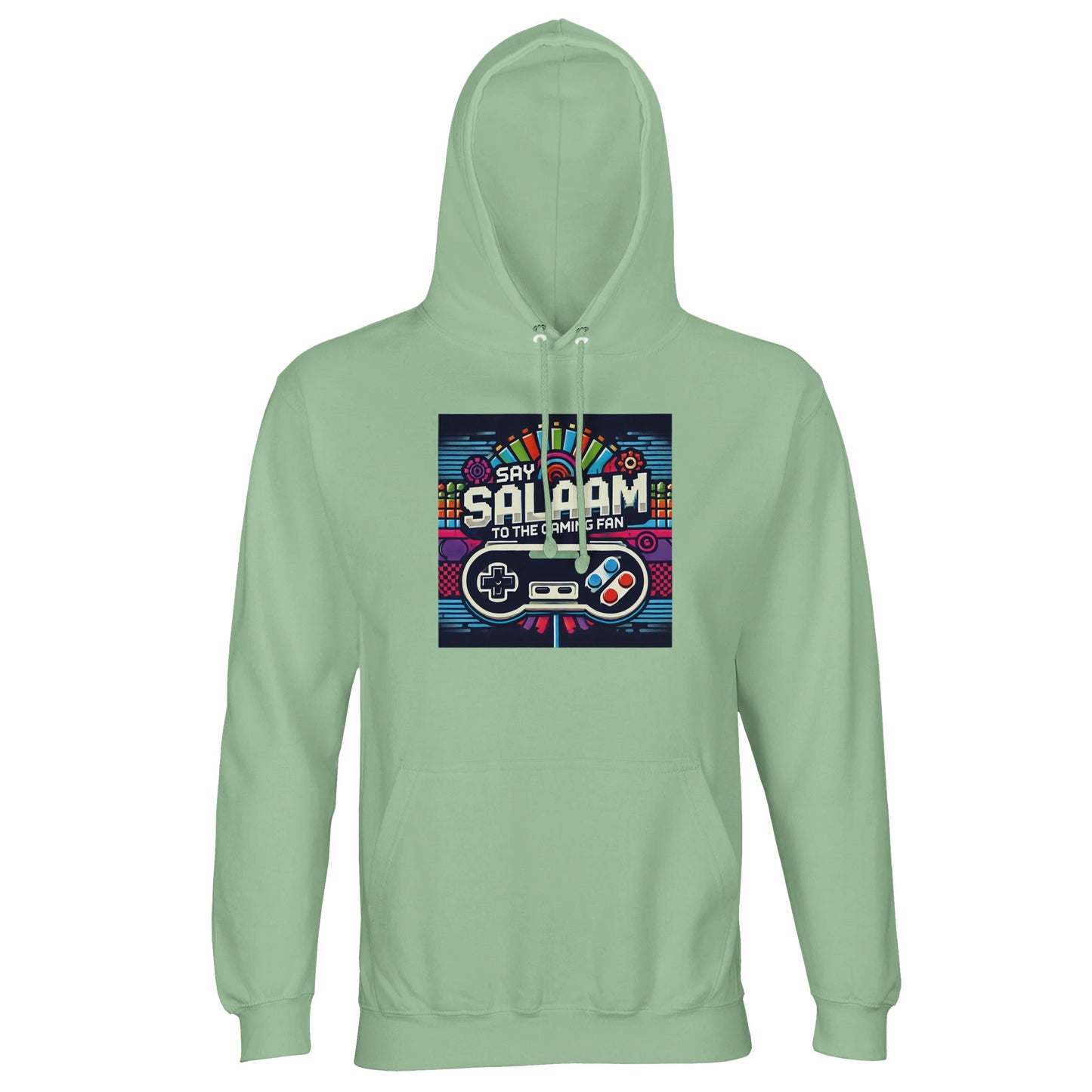 Say Salaam to the Gaming Fan Design #4 Part-Recycled Unisex Cotton-Poly Hoodie (light) in Frozen Green / Opal jumper with striking retro console design, brushed fleece lining and durable recycled cotton-poly fabric at strong value pricing. Built for gamers, esports leagues, PlayStation and Xbox competitors, FIFA tournaments, Call of Duty campaigns and competitive online multiplayer streaming, this jumper offers comfort, warmth and bold gaming streetwear energy.