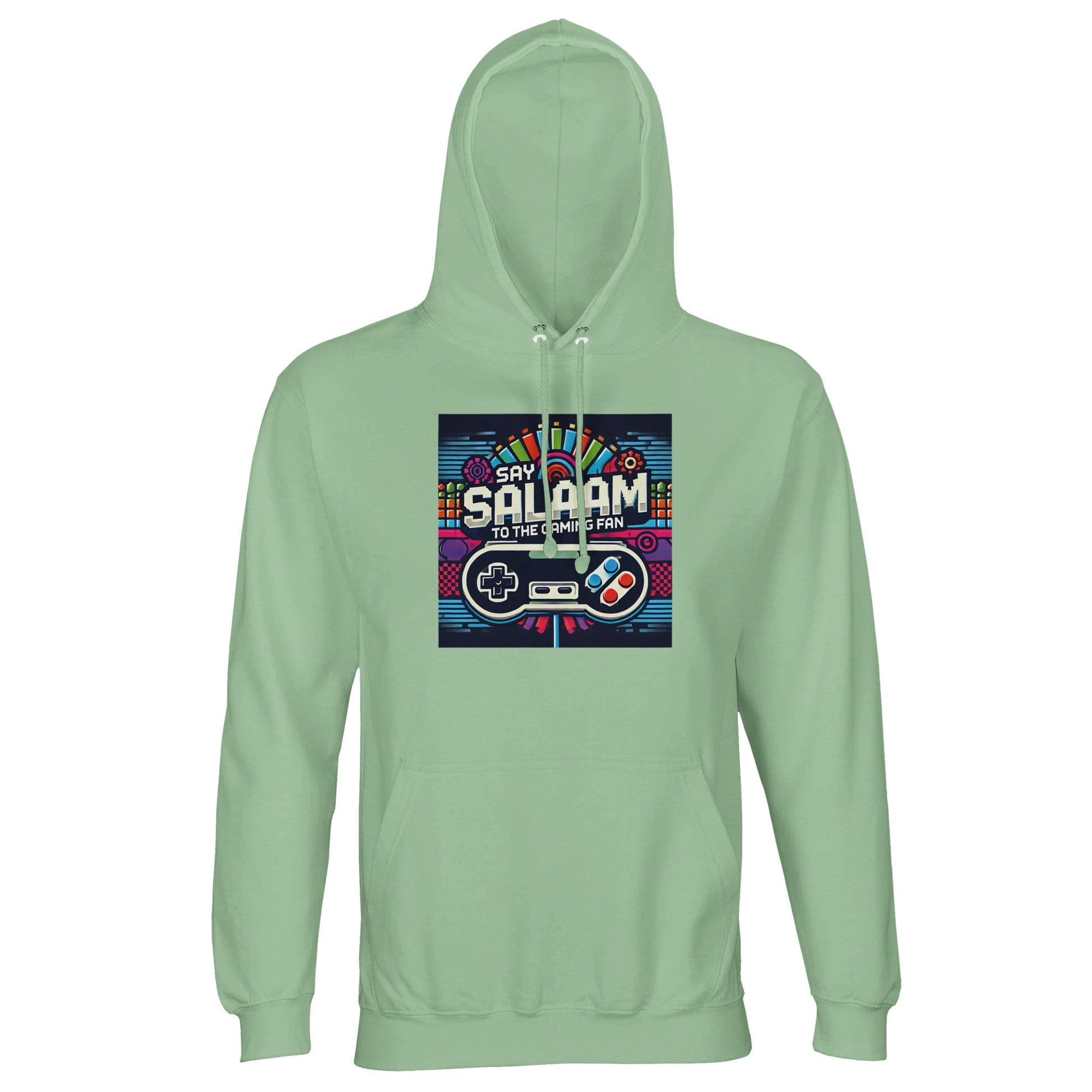 Say Salaam to the Gaming Fan Design #4 Part-Recycled Unisex Cotton-Poly Hoodie (light) in Frozen Green / Opal jumper with striking retro console design, brushed fleece lining and durable recycled cotton-poly fabric at strong value pricing. Built for gamers, esports leagues, PlayStation and Xbox competitors, FIFA tournaments, Call of Duty campaigns and competitive online multiplayer streaming, this jumper offers comfort, warmth and bold gaming streetwear energy.
