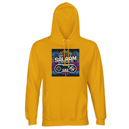 Say Salaam to the Gaming Fan Design #4 Part-Recycled Unisex Cotton-Poly Hoodie (light) in Gold / Gamboge jumper with vibrant vintage gaming graphic, soft fleece interior and comfortable everyday unisex fit at an affordable price, perfect for gamers, esports supporters, PlayStation and Xbox users, FIFA tournaments, Call of Duty squads and long online multiplayer nights.