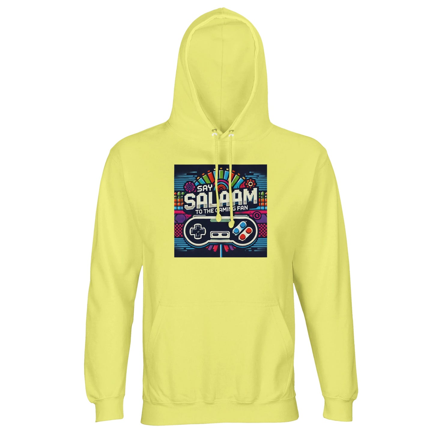 Say Salaam to the Gaming Fan Design #4 Part-Recycled Unisex Cotton-Poly Hoodie (light) in Light Yellow / Lemon Chiffon jumper showcasing colourful retro gaming design, brushed fleece warmth and relaxed cotton-poly comfort at a strong value price, ideal for gamers, esports players, PlayStation and Xbox fans, FIFA leagues and competitive online multiplayer sessions.