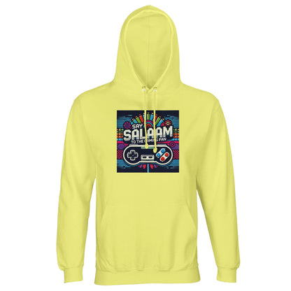 Say Salaam to the Gaming Fan Design #4 Part-Recycled Unisex Cotton-Poly Hoodie (light) in Light Yellow / Lemon Chiffon jumper showcasing colourful retro gaming design, brushed fleece warmth and relaxed cotton-poly comfort at a strong value price, ideal for gamers, esports players, PlayStation and Xbox fans, FIFA leagues and competitive online multiplayer sessions.