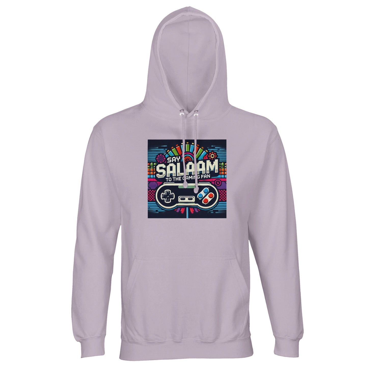 Say Salaam to the Gaming Fan Design #4 Part-Recycled Unisex Cotton-Poly Hoodie (light) in Lilak / Lilac / Wisteria Purple jumper featuring colourful gaming artwork, cosy fleece interior and relaxed streetwear fit made from sustainable cotton-poly blend at an affordable price. Ideal for gamers, esports fans, PlayStation and Xbox players, FIFA matches, Call of Duty modes and online multiplayer battles, this jumper combines warmth, durability and console-inspired style.