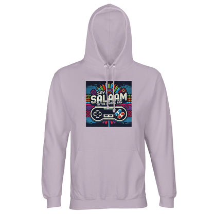 Say Salaam to the Gaming Fan Design #4 Part-Recycled Unisex Cotton-Poly Hoodie (light) in Lilak / Lilac / Wisteria Purple jumper featuring colourful gaming artwork, cosy fleece interior and relaxed streetwear fit made from sustainable cotton-poly blend at an affordable price. Ideal for gamers, esports fans, PlayStation and Xbox players, FIFA matches, Call of Duty modes and online multiplayer battles, this jumper combines warmth, durability and console-inspired style.