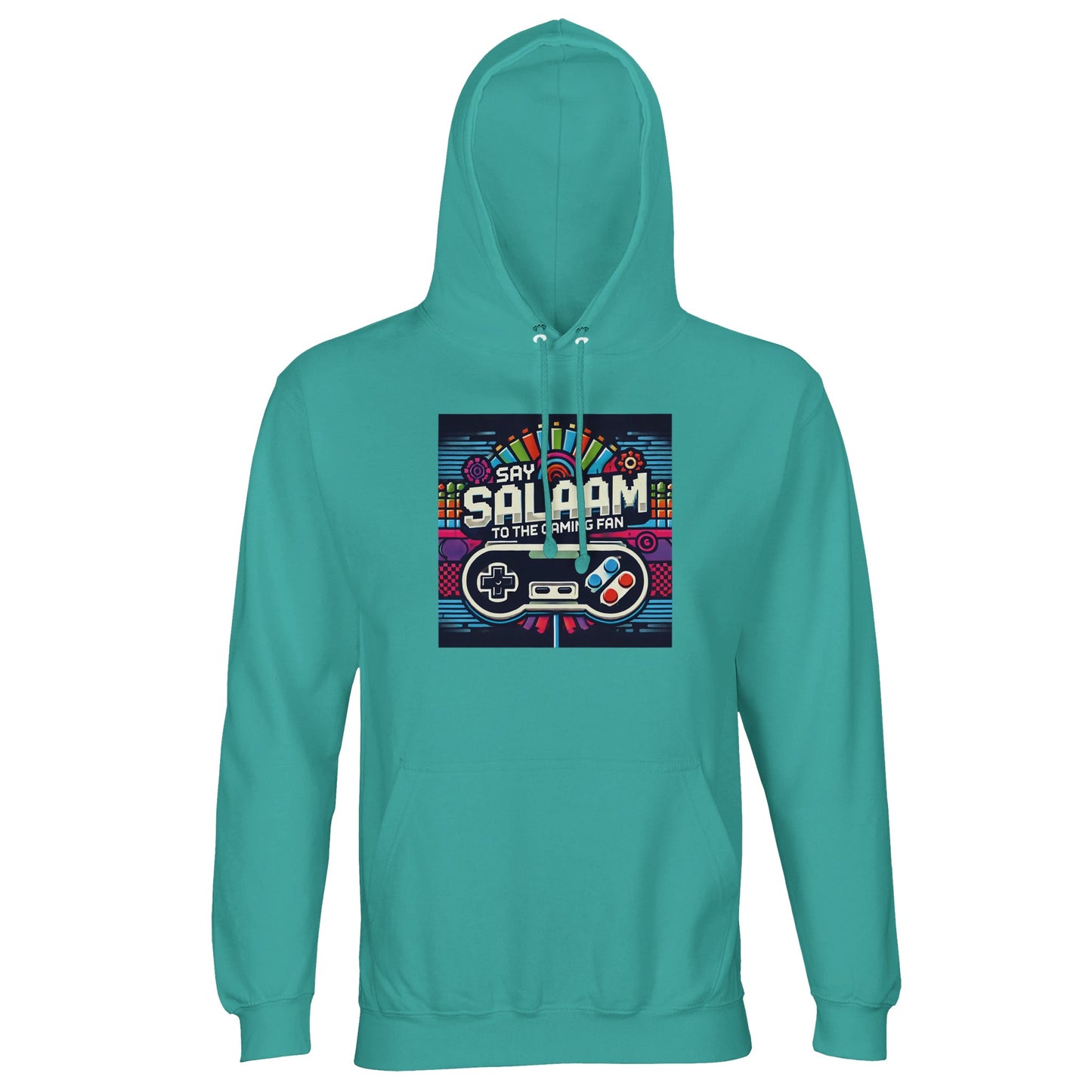 Say Salaam to the Gaming Fan Design #4 Part-Recycled Unisex Cotton-Poly Hoodie (light) in Pool Blue / Light Sea Green jumper with vibrant console-inspired print, brushed fleece comfort and everyday unisex fit in recycled cotton-poly fabric at a great price. Made for gamers, esports communities, PlayStation and Xbox users, FIFA competitions, Call of Duty sessions and long online multiplayer nights, this jumper delivers warmth, sustainable quality and gaming culture streetwear appeal.