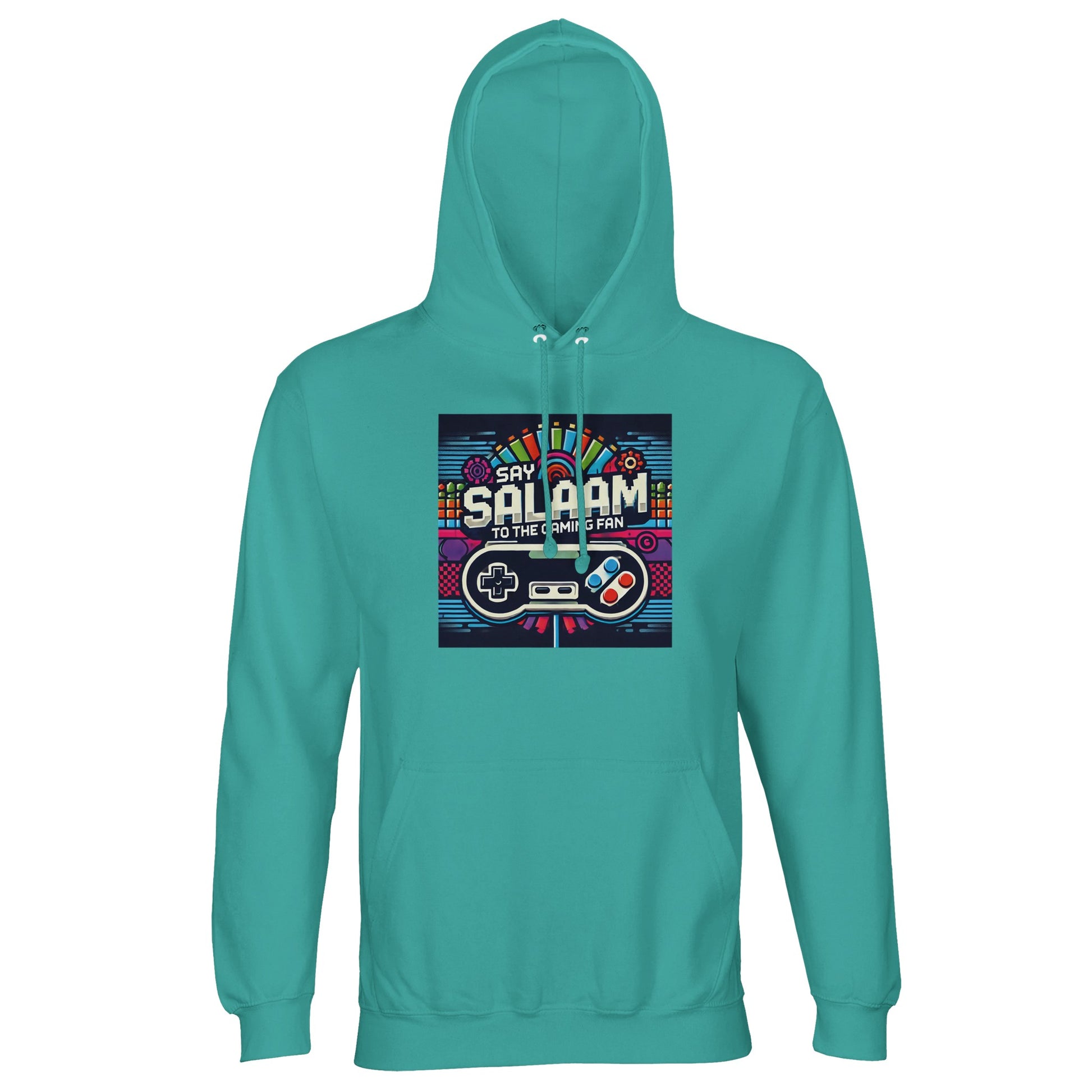 Say Salaam to the Gaming Fan Design #4 Part-Recycled Unisex Cotton-Poly Hoodie (light) in Pool Blue / Light Sea Green jumper with vibrant console-inspired print, brushed fleece comfort and everyday unisex fit in recycled cotton-poly fabric at a great price. Made for gamers, esports communities, PlayStation and Xbox users, FIFA competitions, Call of Duty sessions and long online multiplayer nights, this jumper delivers warmth, sustainable quality and gaming culture streetwear appeal.