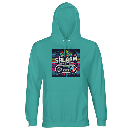 Say Salaam to the Gaming Fan Design #4 Part-Recycled Unisex Cotton-Poly Hoodie (light) in Pool Blue / Light Sea Green jumper with vibrant console-inspired print, brushed fleece comfort and everyday unisex fit in recycled cotton-poly fabric at a great price. Made for gamers, esports communities, PlayStation and Xbox users, FIFA competitions, Call of Duty sessions and long online multiplayer nights, this jumper delivers warmth, sustainable quality and gaming culture streetwear appeal.