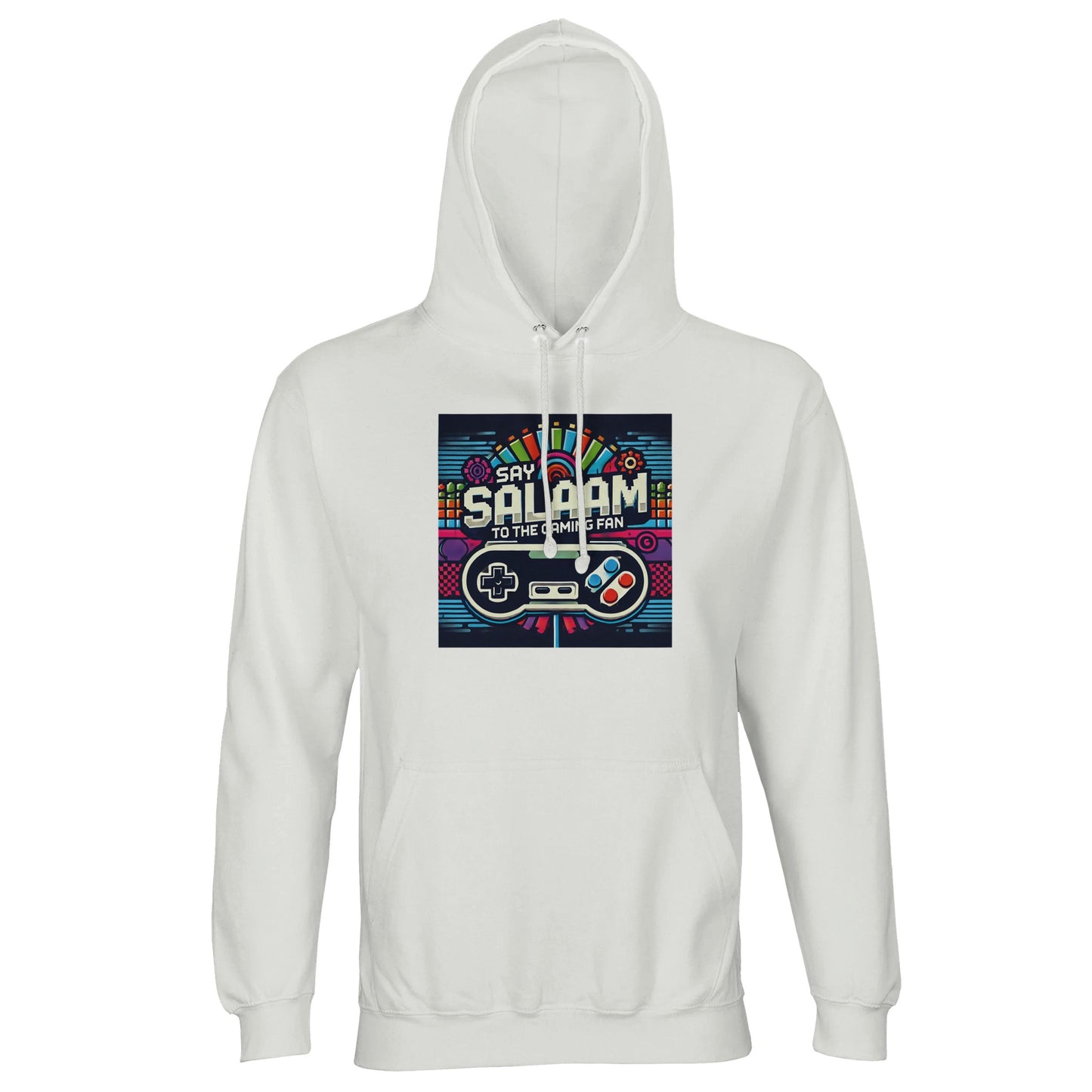 Say Salaam to the Gaming Fan Design #4 Part-Recycled Unisex Cotton-Poly Hoodie (light) in White / Platinum jumper featuring standout console-inspired artwork, cosy brushed lining and durable cotton-poly construction at a good price, built for gamers, esports communities, PlayStation and Xbox users, FIFA matches, Call of Duty gameplay and online multiplayer streaming.