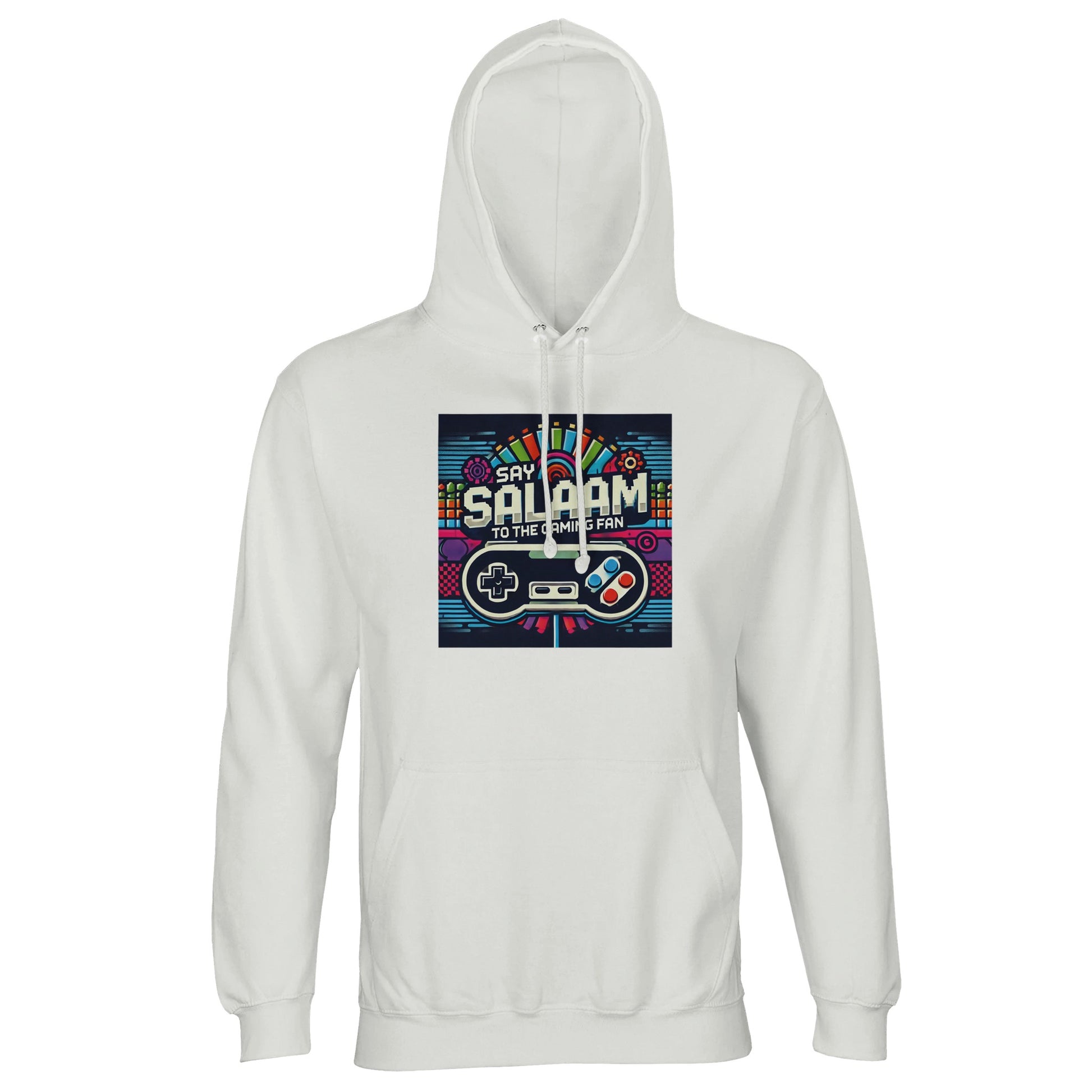 Say Salaam to the Gaming Fan Design #4 Part-Recycled Unisex Cotton-Poly Hoodie (light) in White / Platinum jumper featuring standout console-inspired artwork, cosy brushed lining and durable cotton-poly construction at a good price, built for gamers, esports communities, PlayStation and Xbox users, FIFA matches, Call of Duty gameplay and online multiplayer streaming.