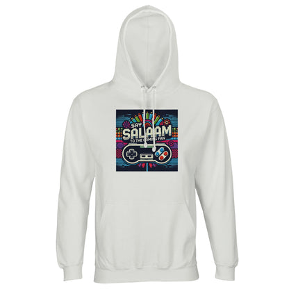 Say Salaam to the Gaming Fan Design #4 Part-Recycled Unisex Cotton-Poly Hoodie (light) in White / Platinum jumper featuring standout console-inspired artwork, cosy brushed lining and durable cotton-poly construction at a good price, built for gamers, esports communities, PlayStation and Xbox users, FIFA matches, Call of Duty gameplay and online multiplayer streaming.