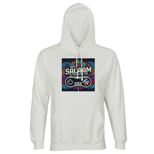 Say Salaam to the Gaming Fan Design #4 Part-Recycled Unisex Cotton-Poly Hoodie (light) in White / Platinum jumper featuring standout console-inspired artwork, cosy brushed lining and durable cotton-poly construction at a good price, built for gamers, esports communities, PlayStation and Xbox users, FIFA matches, Call of Duty gameplay and online multiplayer streaming.
