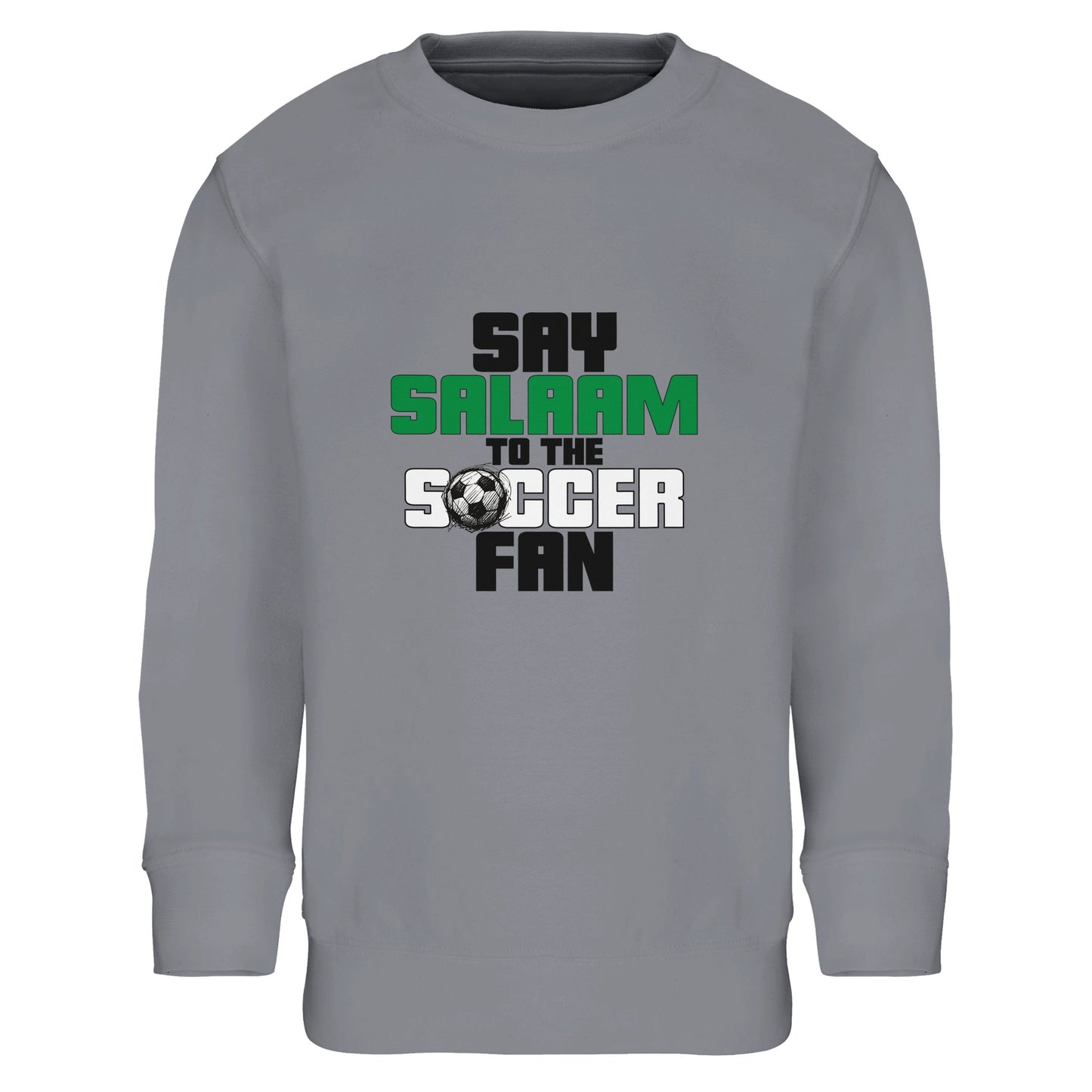 Say Salaam to the Soccer Fan Original Part-Recycled Cotton-Poly Kids Sweatshirt – Grey Melange / Heather Grey. Youth Islamic soccer sweatshirt featuring a structured block-text design with black and green lettering arranged in a vertical stack. The clean alignment and subtle football icon create a modern sportswear aesthetic inspired by academy kits and club merchandise. Athletic grey base reinforces the training-ground tone, blending Muslim streetwear with everyday football culture.