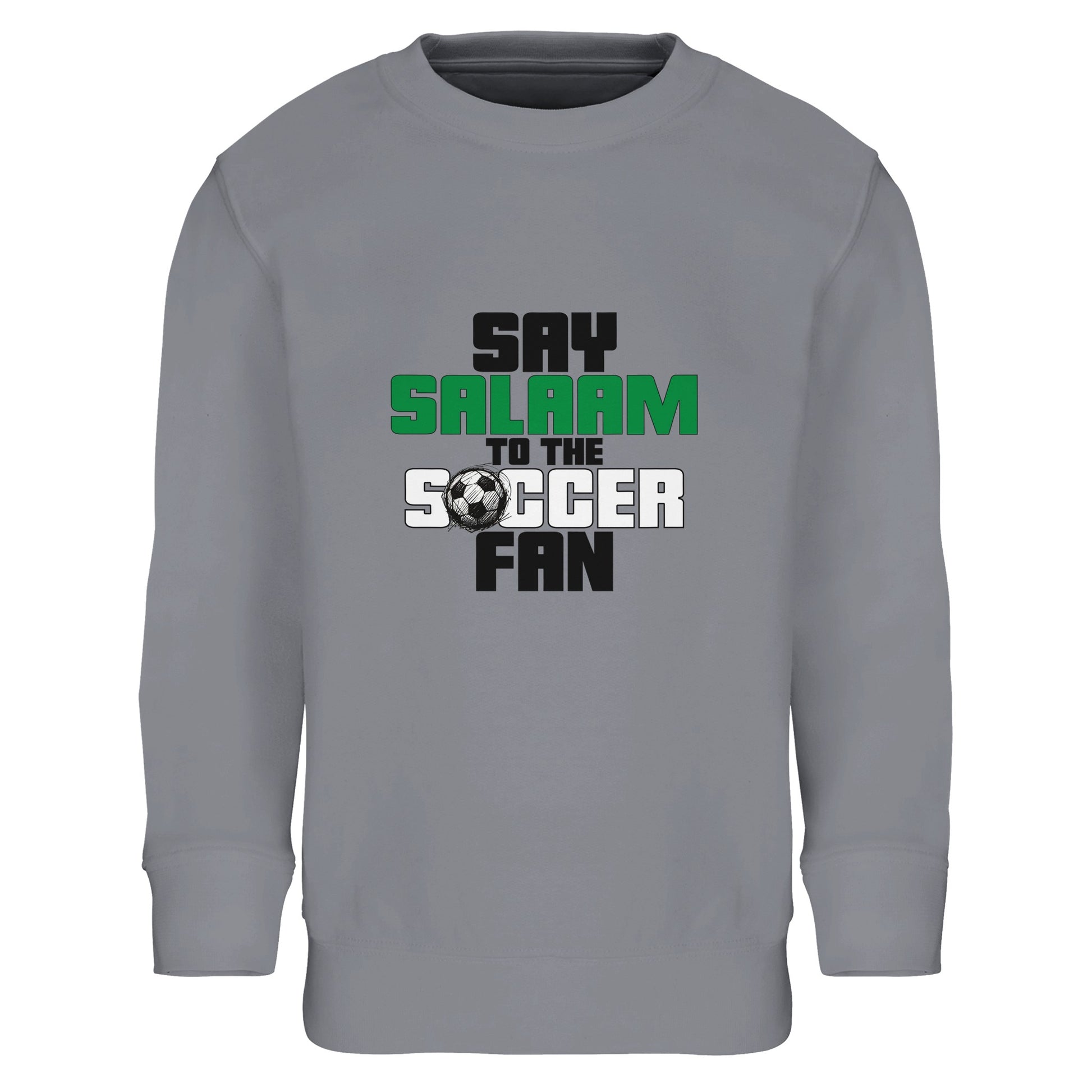 Say Salaam to the Soccer Fan Original Part-Recycled Cotton-Poly Kids Sweatshirt – Grey Melange / Heather Grey. Youth Islamic soccer sweatshirt featuring a structured block-text design with black and green lettering arranged in a vertical stack. The clean alignment and subtle football icon create a modern sportswear aesthetic inspired by academy kits and club merchandise. Athletic grey base reinforces the training-ground tone, blending Muslim streetwear with everyday football culture.