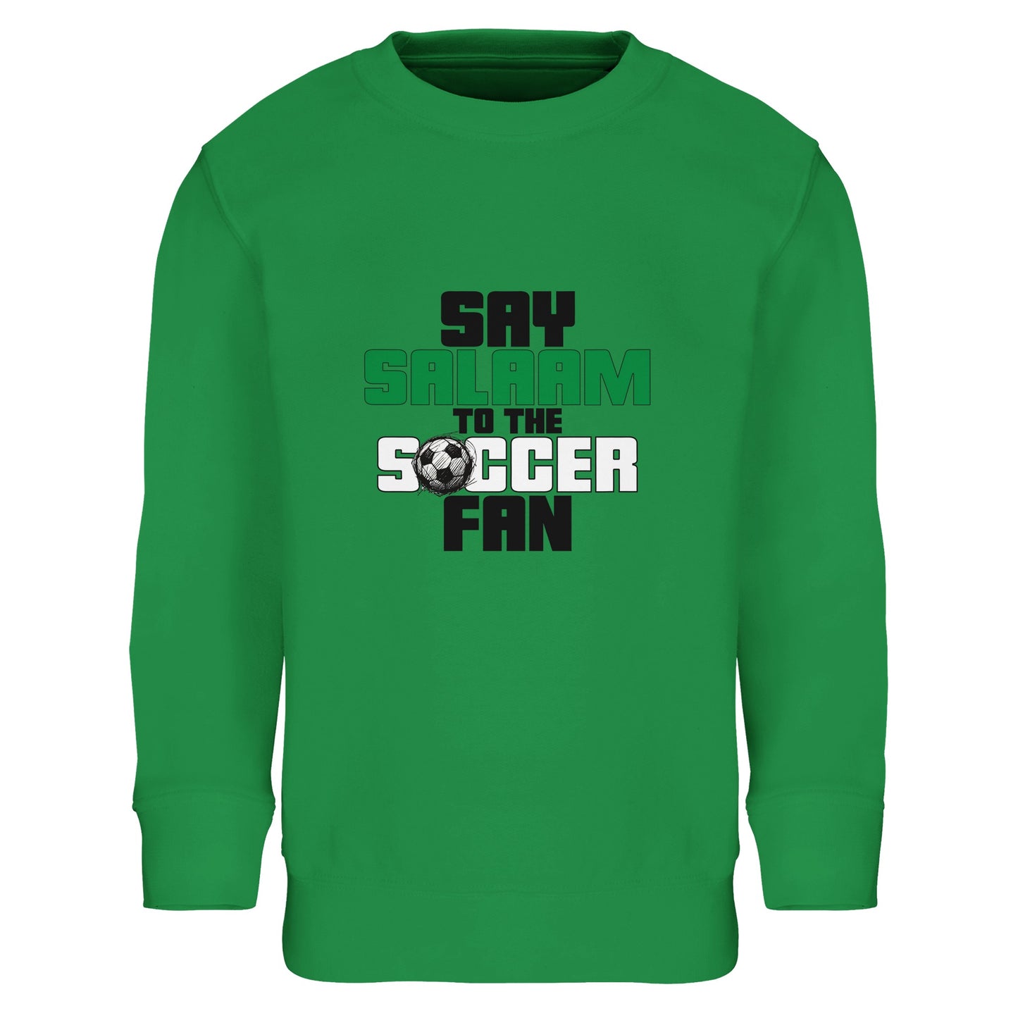 Say Salaam to the Soccer Fan Original Part-Recycled Cotton-Poly Kids Sweatshirt – Kelly Green / Bright Green. Islamic kids soccer sweatshirt featuring a clean stacked text graphic in black and bright green with a football icon accent. The rectangular vertical composition gives a bold, athletic look, with thick block lettering delivering a strong stadium-inspired tone. Vibrant green base enhances the sporty aesthetic, perfect for youth academies, school football clubs and Muslim kids loving the game.