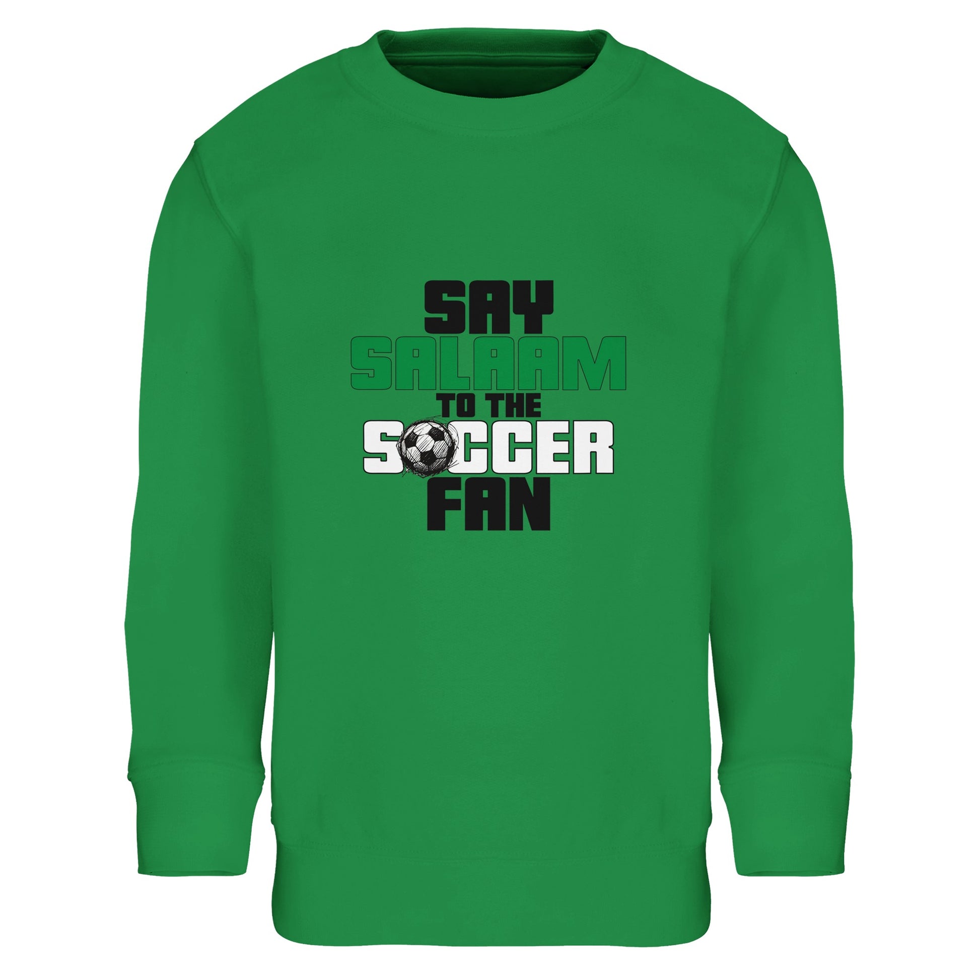 Say Salaam to the Soccer Fan Original Part-Recycled Cotton-Poly Kids Sweatshirt – Kelly Green / Bright Green. Islamic kids soccer sweatshirt featuring a clean stacked text graphic in black and bright green with a football icon accent. The rectangular vertical composition gives a bold, athletic look, with thick block lettering delivering a strong stadium-inspired tone. Vibrant green base enhances the sporty aesthetic, perfect for youth academies, school football clubs and Muslim kids loving the game.