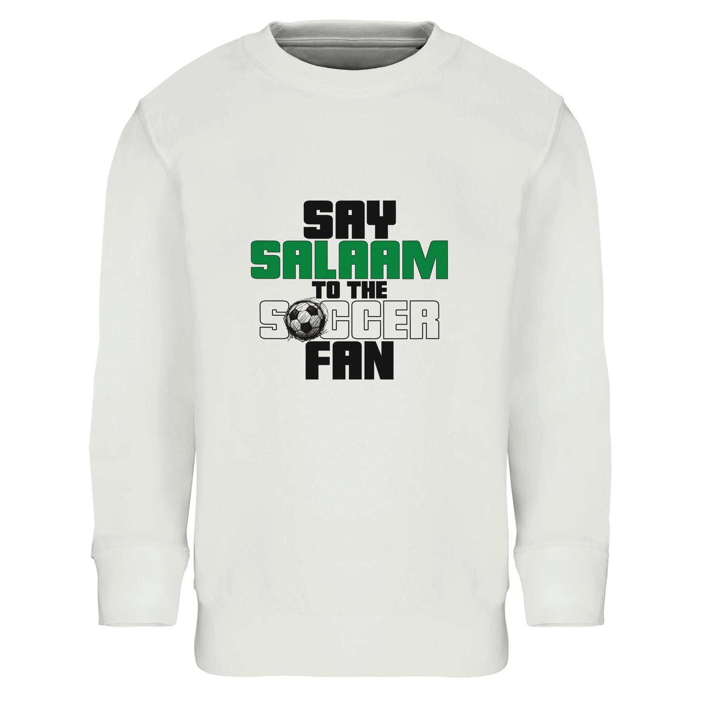 Say Salaam to the Soccer Fan Original Part-Recycled Cotton-Poly Kids Sweatshirt – White / Platinum. Kids Islamic soccer sweatshirt featuring a bold stacked typographic graphic centred on the chest. The design uses strong block lettering in black and deep green with a small football icon. “Say Salaam” appears prominently above “Soccer Fan” in a clean vertical composition, creating a modern streetwear feel. Crisp contrast against the white base gives it a sharp, confident tone for playgrounds.
