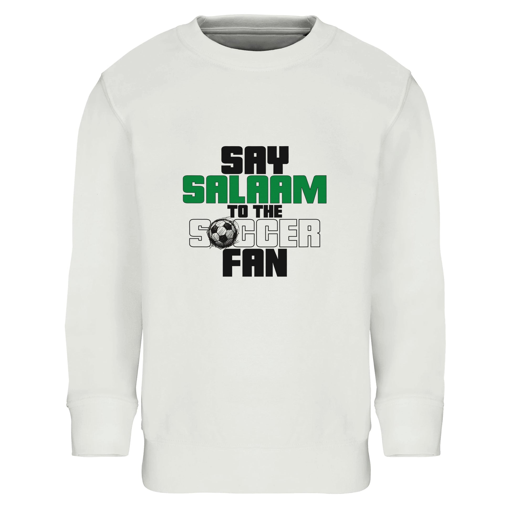 Say Salaam to the Soccer Fan Original Part-Recycled Cotton-Poly Kids Sweatshirt – White / Platinum. Kids Islamic soccer sweatshirt featuring a bold stacked typographic graphic centred on the chest. The design uses strong block lettering in black and deep green with a small football icon. “Say Salaam” appears prominently above “Soccer Fan” in a clean vertical composition, creating a modern streetwear feel. Crisp contrast against the white base gives it a sharp, confident tone for playgrounds.