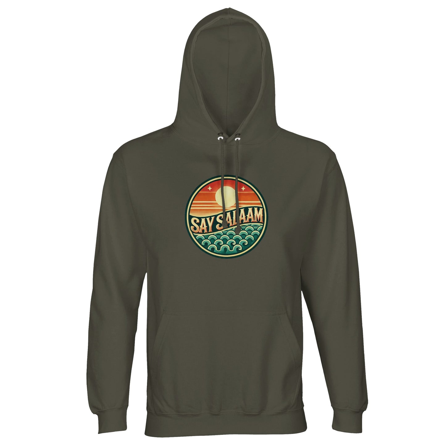 Army / Fuscous Grey unisex hoodie displaying the Say Salaam Sunset Glow circular sunset emblem with layered skyline and sea motif. The earthy green base grounds the vibrant sunset gradient within the round chest graphic, creating subtle contrast and mature streetwear tone. Centred badge composition delivers clean symmetry and bold identity. Designed for modest Muslim fashion, this brushed fleece hoodie merges comfort, Islamic expression and contemporary urban styling.