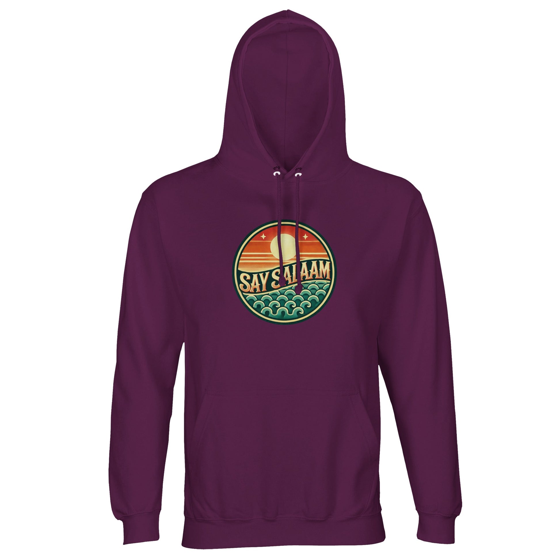 Astral Purple / Wine Berry unisex hoodie displaying the Say Salaam Sunset Glow round skyline emblem in rich sunset tones. The deep purple base enhances the warm gradient within the circular chest badge, creating sophisticated contrast and modern streetwear appeal. Layered horizon and sea elements give dimension within the round frame. Designed for modest Muslim fashion, this hoodie merges Islamic expression, comfort and bold identity.