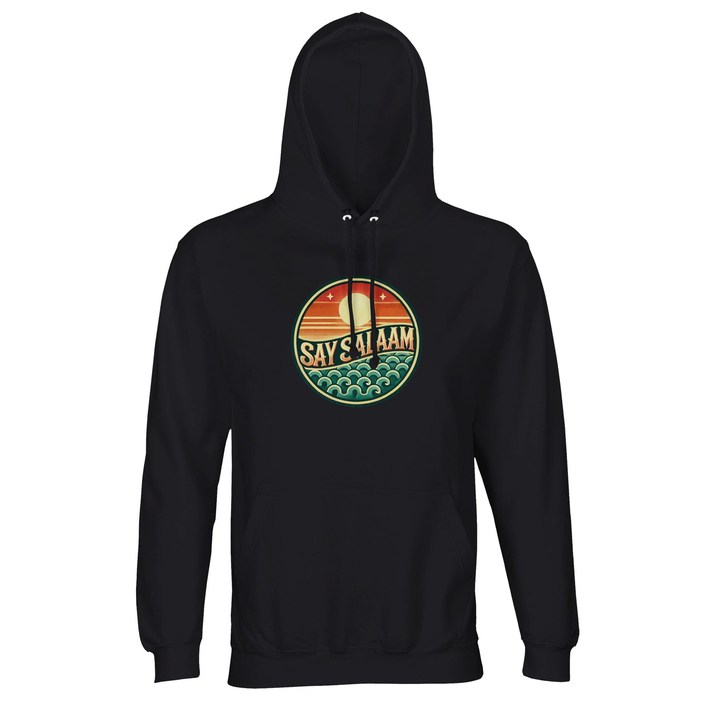 Black / Deep Black unisex hoodie featuring the Say Salaam Sunset Glow circular skyline print in vivid sunset colours. The dark base maximises contrast, allowing the round chest badge to glow with layered orange, red and teal tones. Balanced symmetry and bold typography create strong focal presence. Designed for modest Islamic fashion, this brushed fleece hooded pullover combines faith-based apparel with everyday streetwear durability, well priced.