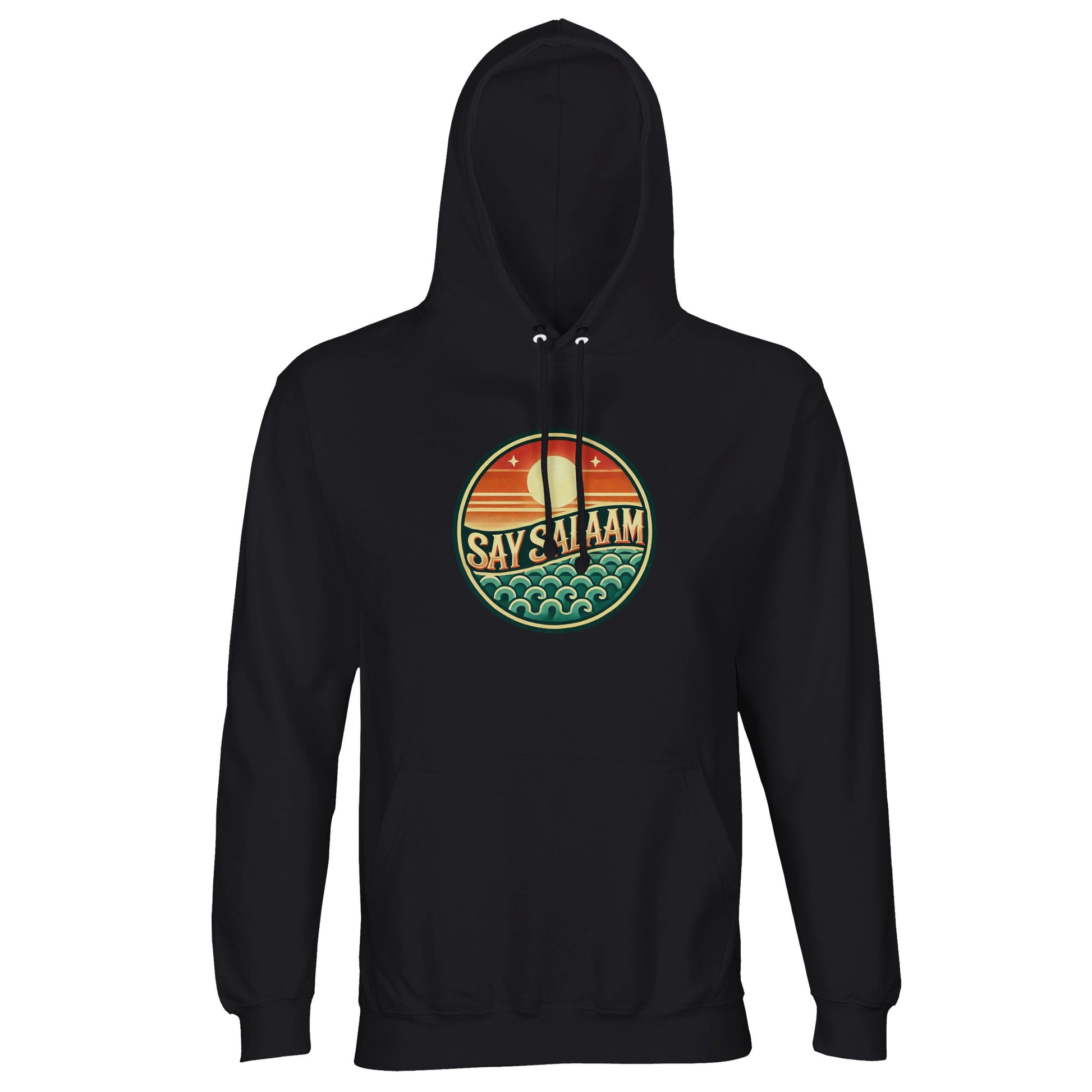 Black / Deep Black unisex hoodie featuring the Say Salaam Sunset Glow circular skyline print in vivid sunset colours. The dark base maximises contrast, allowing the round chest badge to glow with layered orange, red and teal tones. Balanced symmetry and bold typography create strong focal presence. Designed for modest Islamic fashion, this brushed fleece hooded pullover combines faith-based apparel with everyday streetwear durability, well priced.