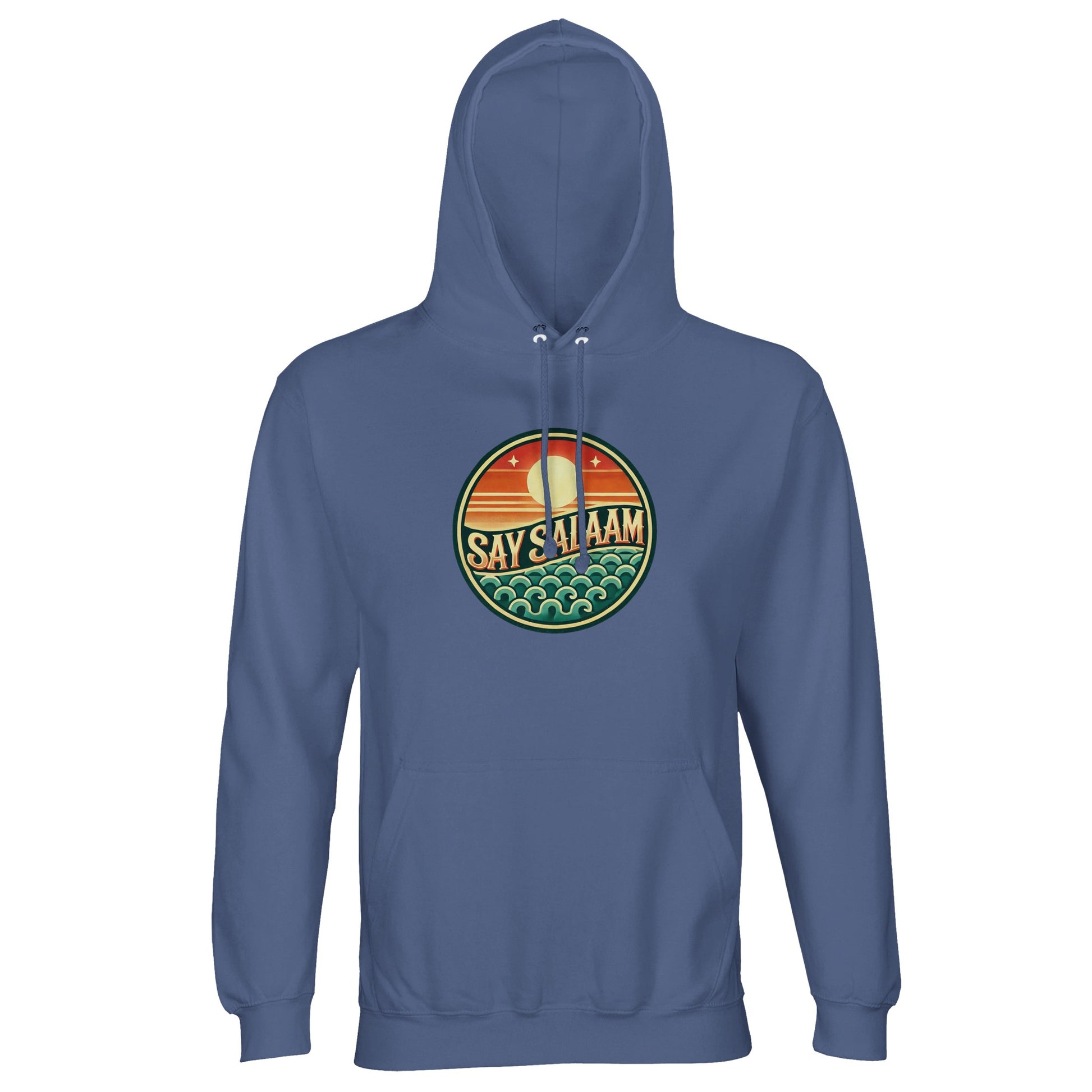 Blue / Marble Blue unisex hoodie featuring the Say Salaam Sunset Glow round skyline design in vivid sunset hues. The cool blue base sharpens the warmth of the circular chest badge, allowing the layered horizon, waves and bold SAY SALAAM typography to stand out clearly. Balanced symmetry and strong central placement give this hoodie modern streetwear energy. A modest Islamic clothing staple ideal for everyday wear, youth gatherings and confident faith expression.