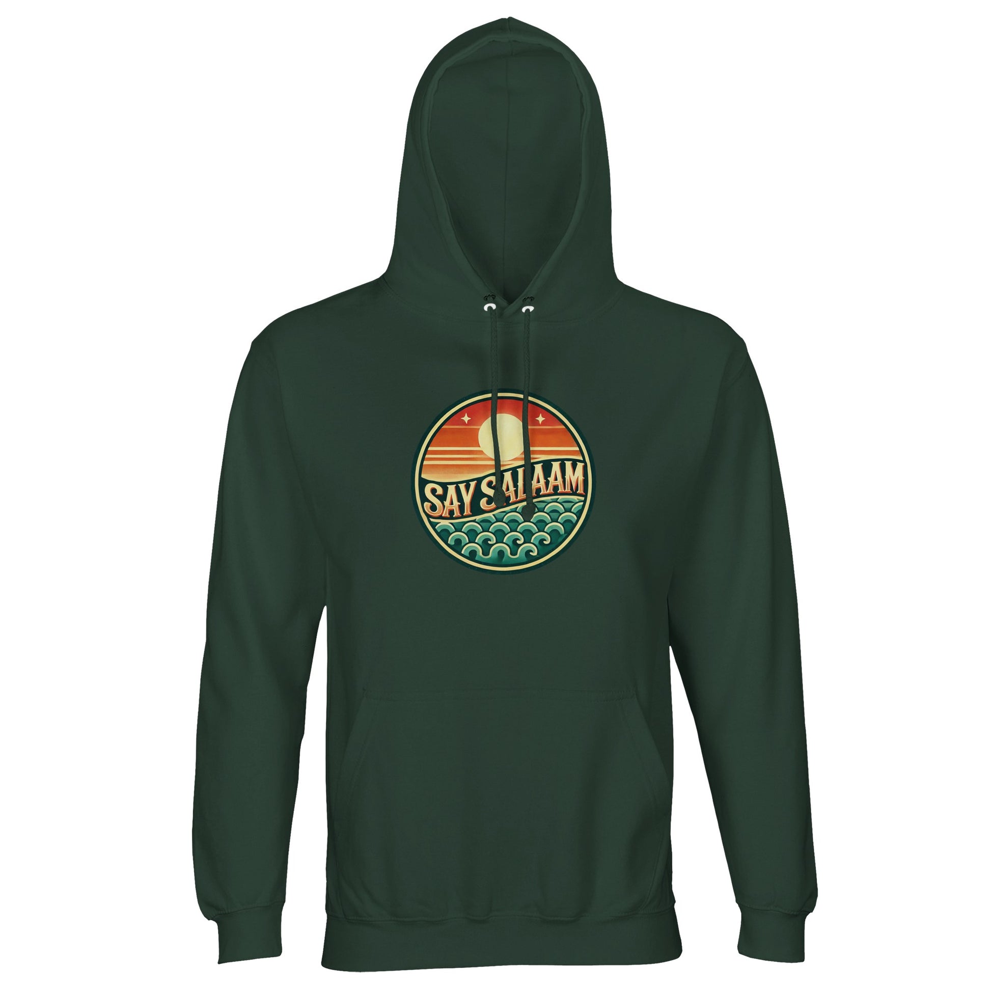 Bottle Green / Outer Space unisex hoodie showcasing the Say Salaam Sunset Glow circular emblem with layered sunset horizon and wave detailing. The dark green base intensifies the warmth of the central round graphic, producing rich contrast and balanced symmetry. Bold SAY SALAAM typography anchors the skyline within the badge design. Crafted for modest Muslim streetwear, this hoodie blends brushed fleece comfort with expressive Islamic identity.