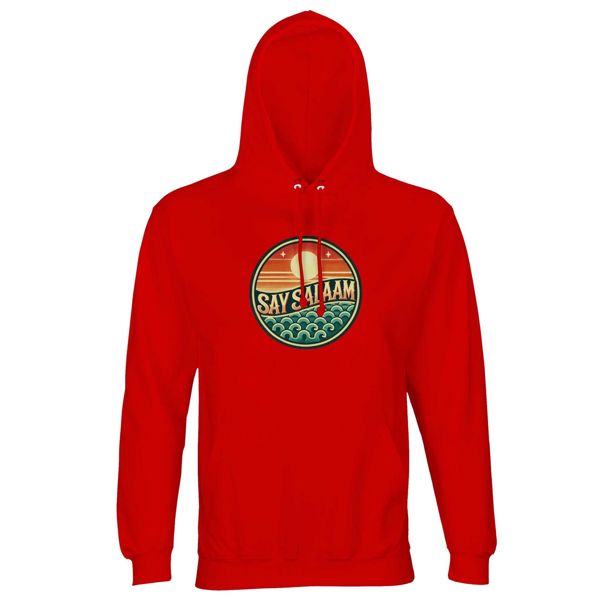 Bright Red / Rosso Corsa unisex hoodie featuring the Say Salaam Sunset Glow circular skyline graphic in layered sunset colours. The vivid red base amplifies the warmth of the gradient badge, creating bold tonal unity and powerful chest focus. The round composition delivers strong central symmetry while the skyline and wave elements add depth. A standout modest Islamic hoodie combining faith-based apparel, comfort and confident streetwear presence.