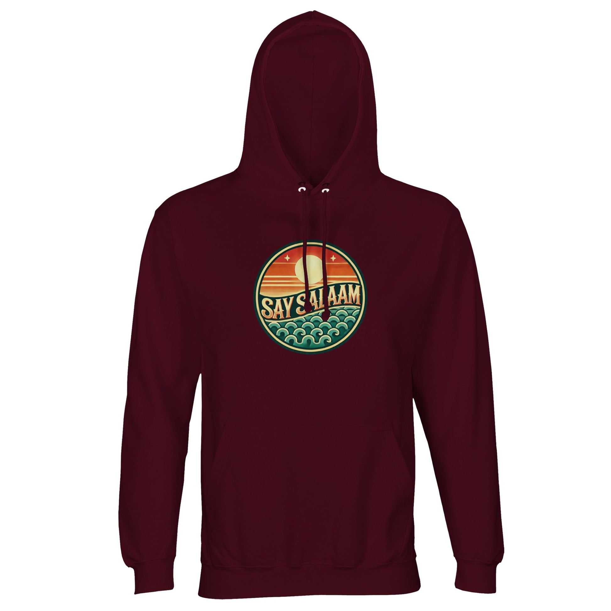 Burgundy / Dark Sienna unisex hoodie displaying the Say Salaam Sunset Glow circular horizon emblem in rich sunset gradient tones. The deep burgundy base complements the warmth of the badge, creating harmonious contrast and refined streetwear character. The round skyline composition delivers structured central symmetry and bold SAY SALAAM focus. Ideal for modest Muslim fashion, this hoodie blends comfort, Islamic identity and expressive urban styling.