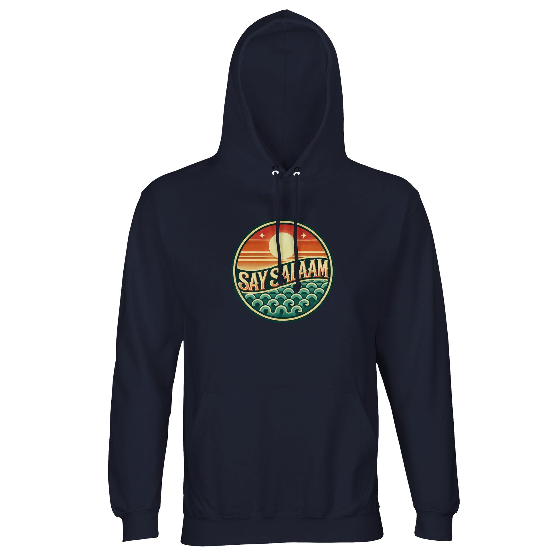 French Navy / Ebony Clay unisex hoodie featuring the Say Salaam Sunset Glow circular skyline graphic in warm orange and teal hues. The deep navy fabric sharpens the sunset gradient, allowing the round chest badge to stand out with clarity and balance. Strong central placement and circular symmetry create clean visual structure. A modest Islamic streetwear essential combining faith-led fashion, warmth and everyday versatility.