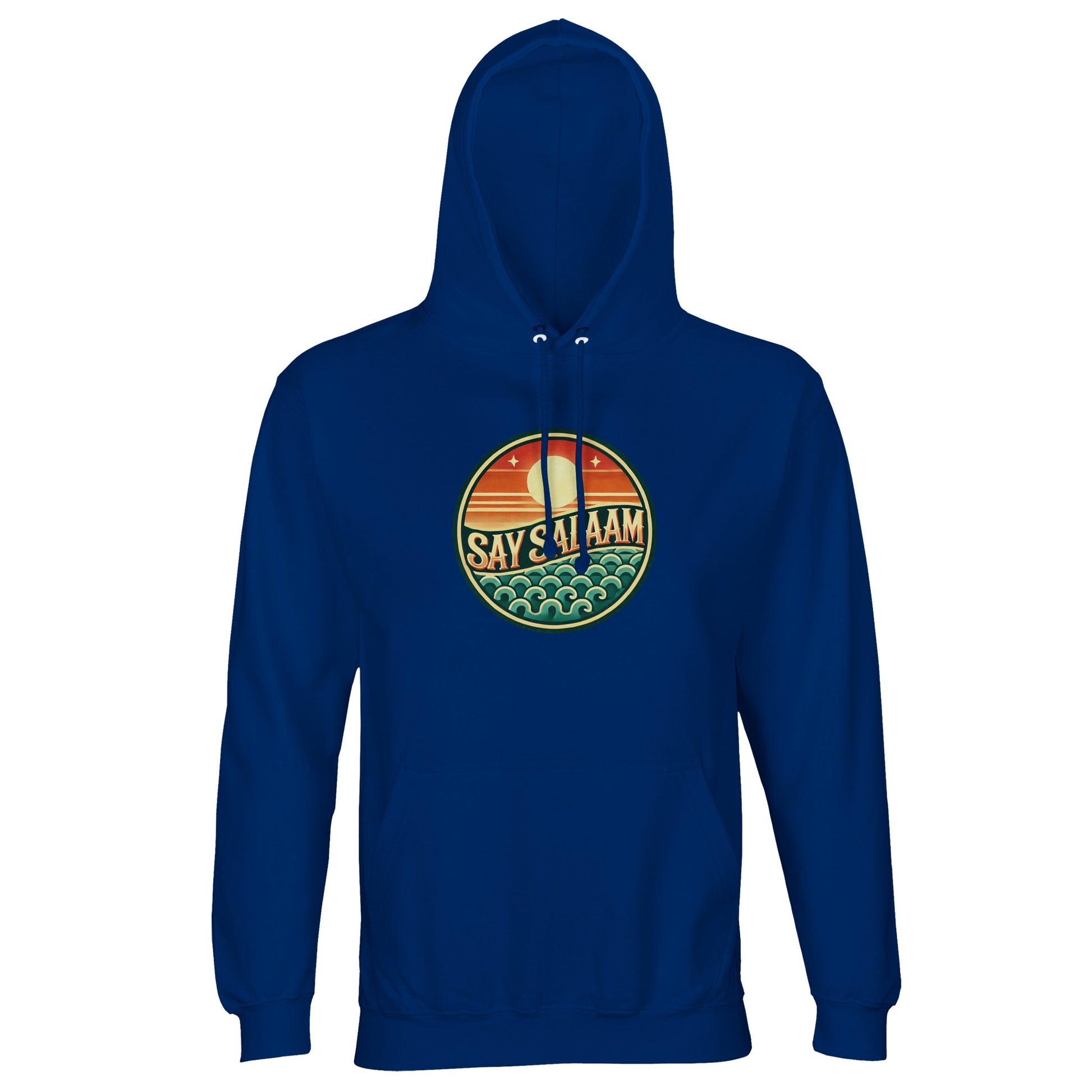 Royal Blue / Dark Midnight Blue unisex hoodie showcasing the Say Salaam Sunset Glow circular sunset badge with layered skyline detail. The vibrant blue base contrasts with the warm gradient tones, delivering high-impact central focus. The round emblem creates symmetry while bold SAY SALAAM lettering anchors the design. Crafted for modest Muslim streetwear, this hoodie offers comfort, durability and expressive Islamic identity.