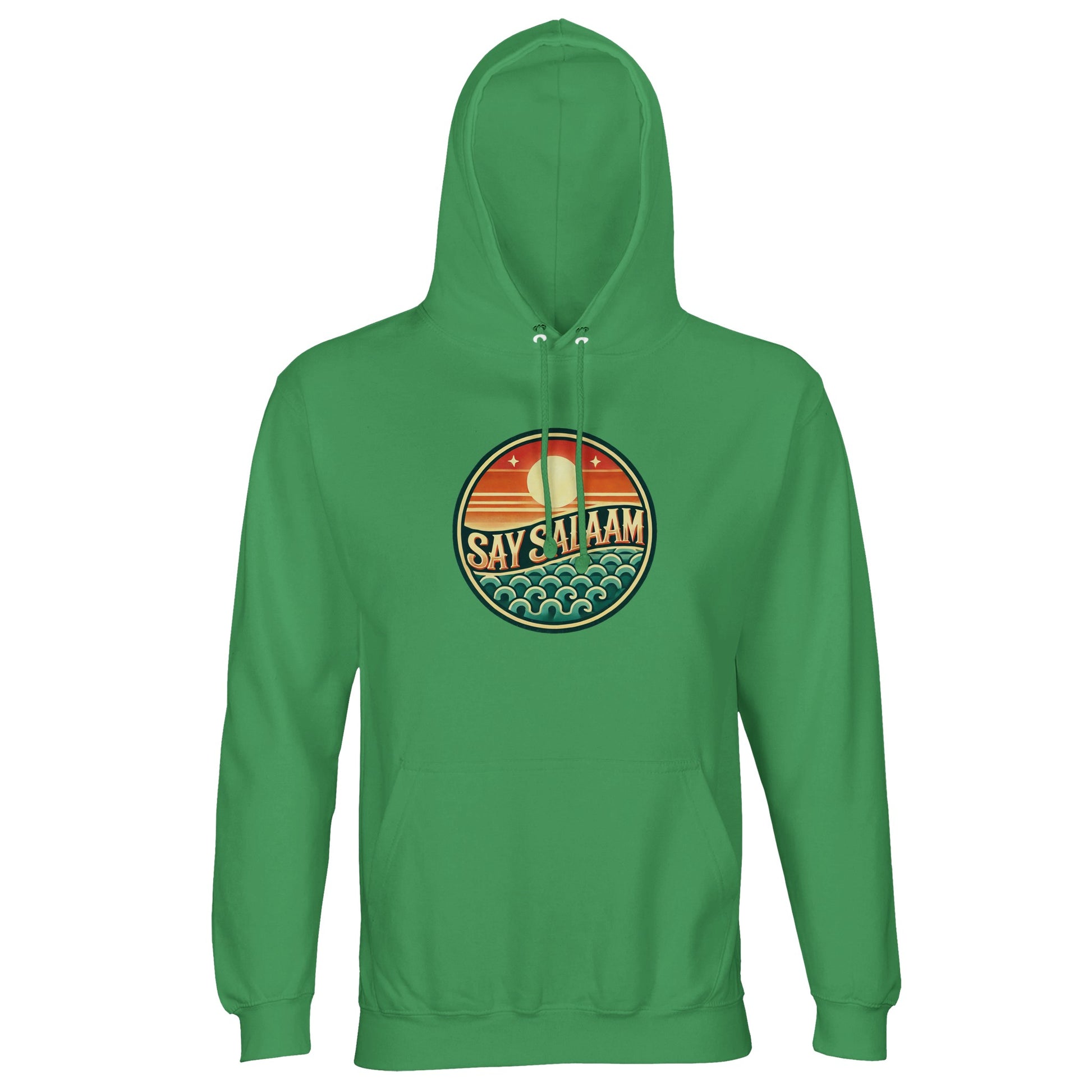 Spring Green / Sea Green unisex hoodie featuring the Say Salaam Sunset Glow circular skyline graphic in warm sunset tones of orange, red and teal. The round badge-style chest print frames a peaceful horizon scene with layered waves and bold SAY SALAAM lettering at centre. Vibrant green fabric amplifies the warmth of the sunset palette, creating balanced contrast and strong visual focus. Designed as modest Muslim streetwear, this brushed fleece hoodie blends Islamic identity, faith-based fashion and everyday