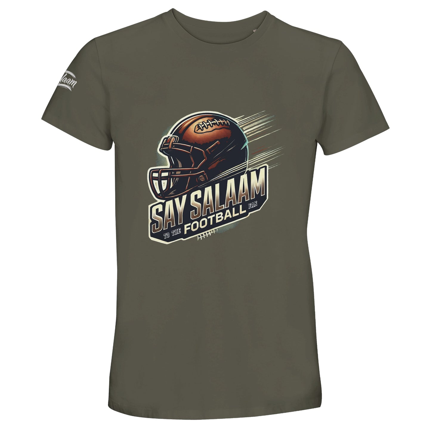 Army green brings a rugged, timeless sports aesthetic to this design. Say Salaam to the American Football Fan with a soft, breathable unisex t-shirt featuring a bold helmet illustration and layered slogan artwork. Created for Muslim football supporters who want meaningful fanwear, it balances identity and sport in one clear statement piece. Offered at a cheap price while maintaining high quality comfort, it earns strong reviews for reliable sizing and durable graphic finish.