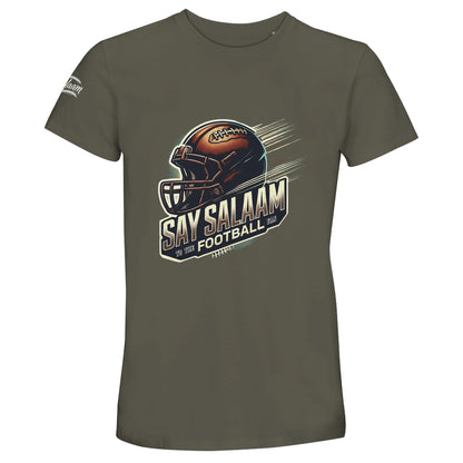 Army green brings a rugged, timeless sports aesthetic to this design. Say Salaam to the American Football Fan with a soft, breathable unisex t-shirt featuring a bold helmet illustration and layered slogan artwork. Created for Muslim football supporters who want meaningful fanwear, it balances identity and sport in one clear statement piece. Offered at a cheap price while maintaining high quality comfort, it earns strong reviews for reliable sizing and durable graphic finish.