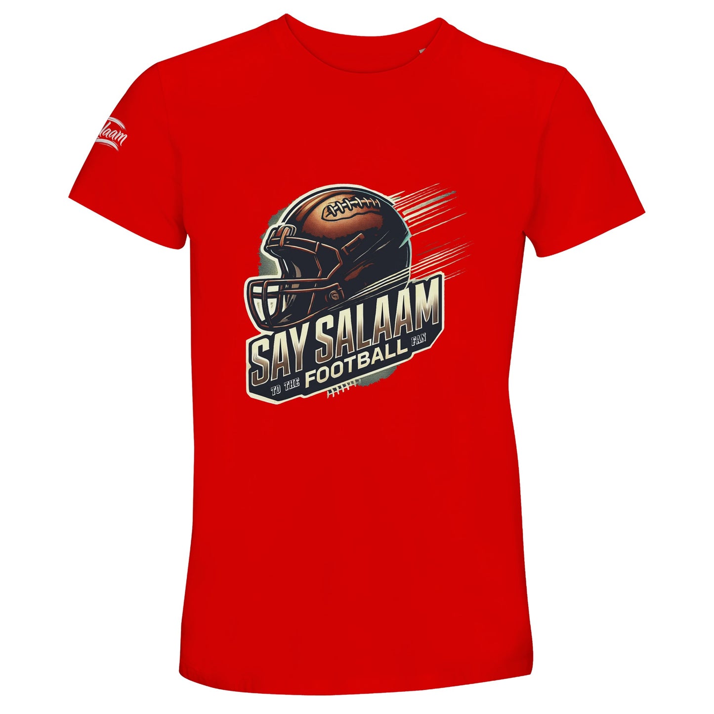Bright Red stands out with confident stadium presence and bold fan style. Say Salaam to the American Football Fan in a comfortable, high quality tee showcasing a dynamic helmet illustration and striking slogan graphic. Designed for Muslim fans who love American football culture, it offers soft fabric, breathable comfort and strong print definition. Priced affordably without sacrificing durability, it’s praised in reviews for dependable fit, vibrant colour and long-term wear.