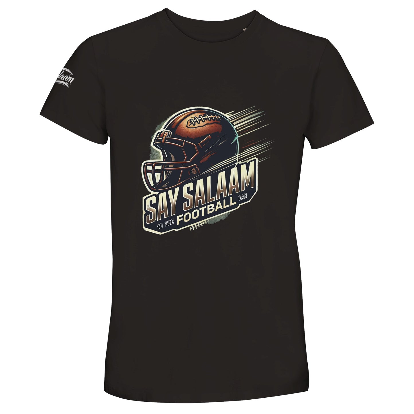 Deep Black offers a sleek, modern look that pairs easily with any outfit. Say Salaam to the American Football Fan in a soft, comfortable and high quality tee designed for both stadium nights and relaxed weekends. Priced affordably without sacrificing durability, it’s praised in reviews for consistent sizing and long-lasting wear. A clean and confident unisex graphic helmet option for NFL fans who want football passion and Muslim identity expressed in timeless style.