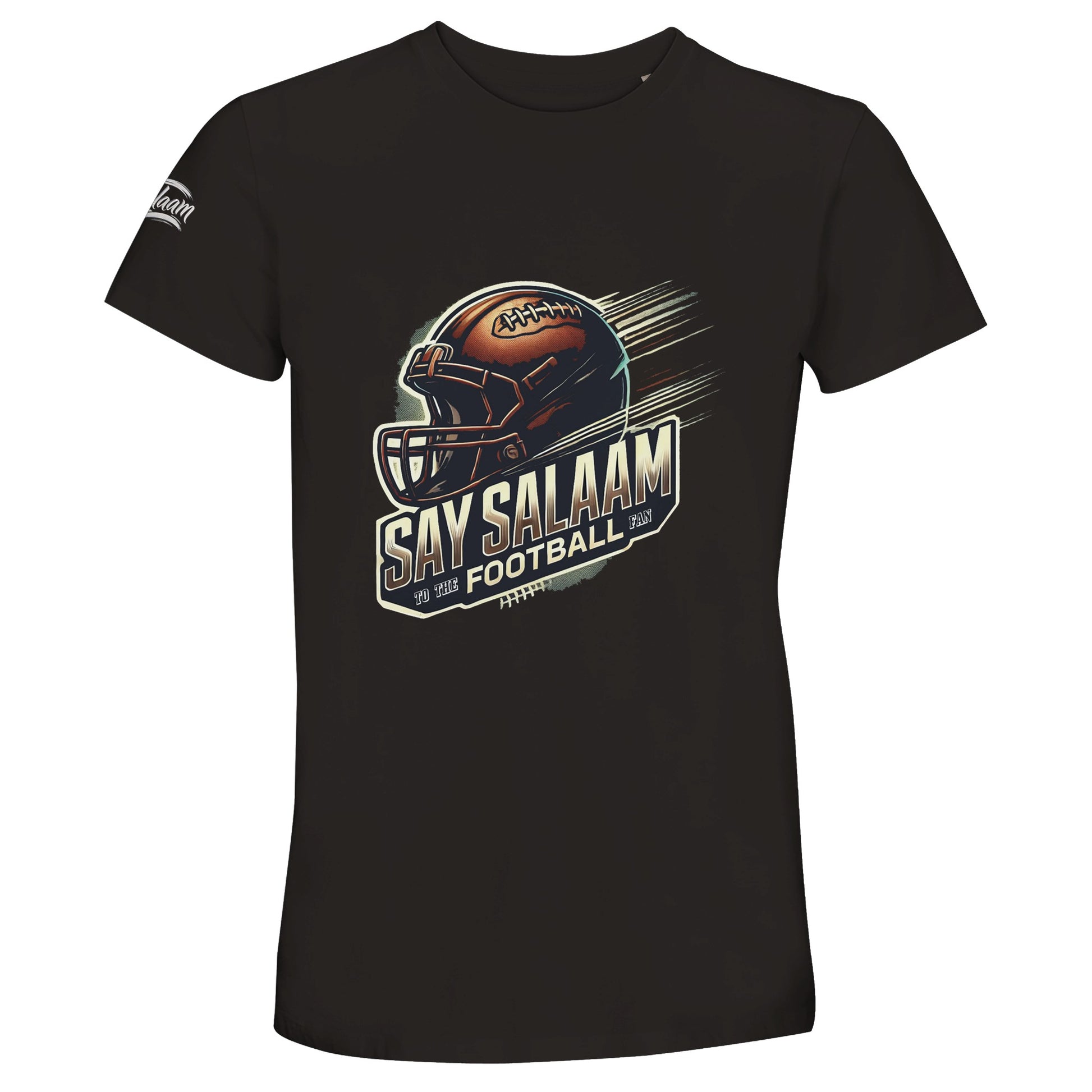Deep Black offers a sleek, modern look that pairs easily with any outfit. Say Salaam to the American Football Fan in a soft, comfortable and high quality tee designed for both stadium nights and relaxed weekends. Priced affordably without sacrificing durability, it’s praised in reviews for consistent sizing and long-lasting wear. A clean and confident unisex graphic helmet option for NFL fans who want football passion and Muslim identity expressed in timeless style.