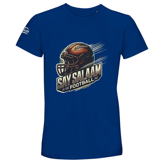 Royal Blue delivers bold game-day energy with a classic athletic feel. Say Salaam to the American Football Fan in a soft, breathable & high quality unisex t-shirt featuring a detailed helmet illustration and slogan design across the chest. This Muslim fan tee blends sport & identity in a confident, wearable way. Ideal for NFL tailgates, watch parties & everyday streetwear, available at a cheap price without compromising on comfort. Reviews say reliable sizing, durable print quality & long-lasting colour.