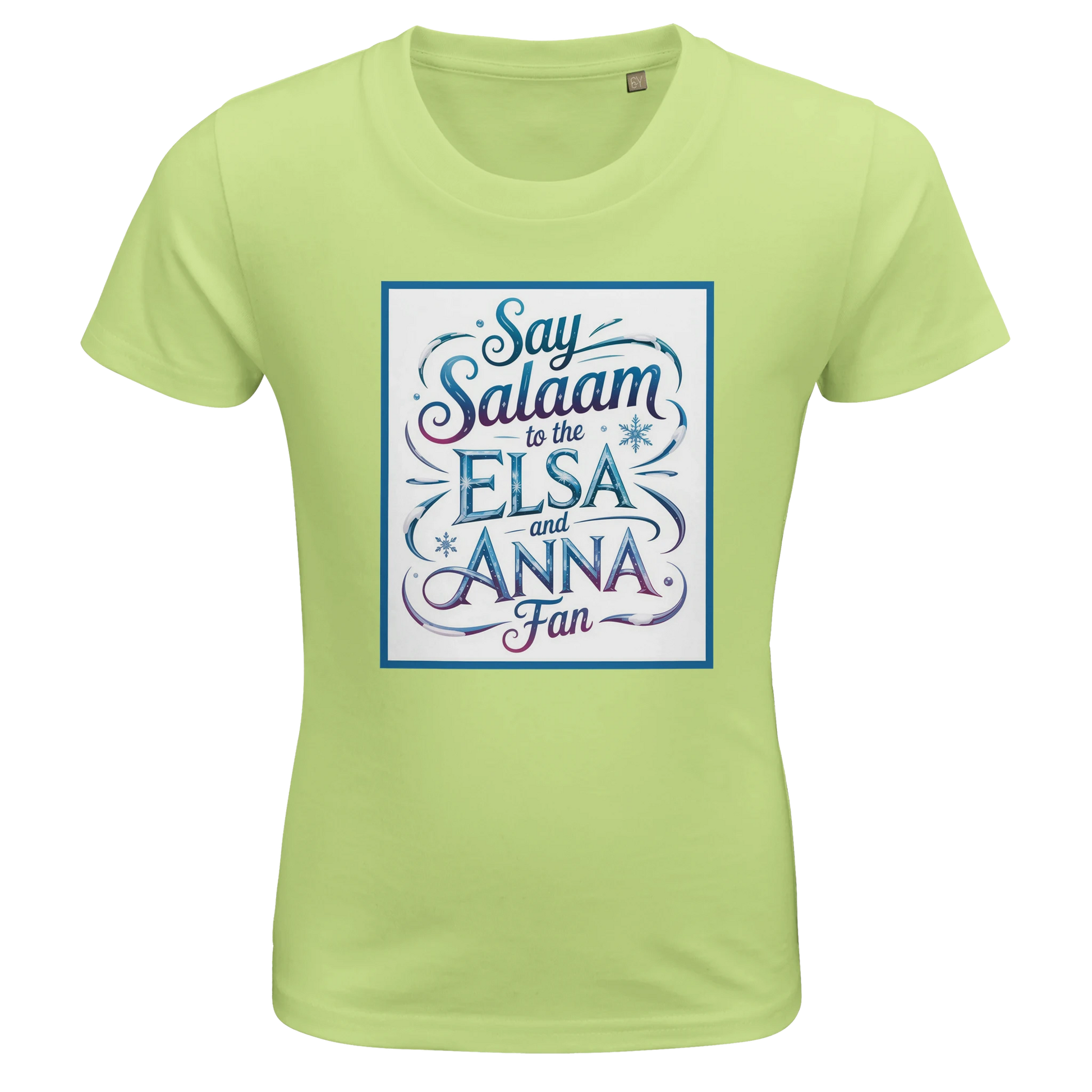 Say Salaam to the Elsa and Anna Fan Organic Kids Fitted T-Shirt (Apple Green / Fresh Lime / Spring Green). Kids t-shirt featuring a decorative illustrated square panel and playful lettering printed across the chest. The lively graphic styling reflects the magical storytelling loved by fans of the Disney Frozen movie and sisters Elsa and Anna. Soft organic cotton fabric provides breathable comfort with a smooth natural finish for everyday children’s clothing, Let It Go songs and animated Disney fairy-tales.