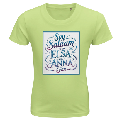 Say Salaam to the Elsa and Anna Fan Organic Kids Fitted T-Shirt (Apple Green / Fresh Lime / Spring Green). Kids t-shirt featuring a decorative illustrated square panel and playful lettering printed across the chest. The lively graphic styling reflects the magical storytelling loved by fans of the Disney Frozen movie and sisters Elsa and Anna. Soft organic cotton fabric provides breathable comfort with a smooth natural finish for everyday children’s clothing, Let It Go songs and animated Disney fairy-tales.
