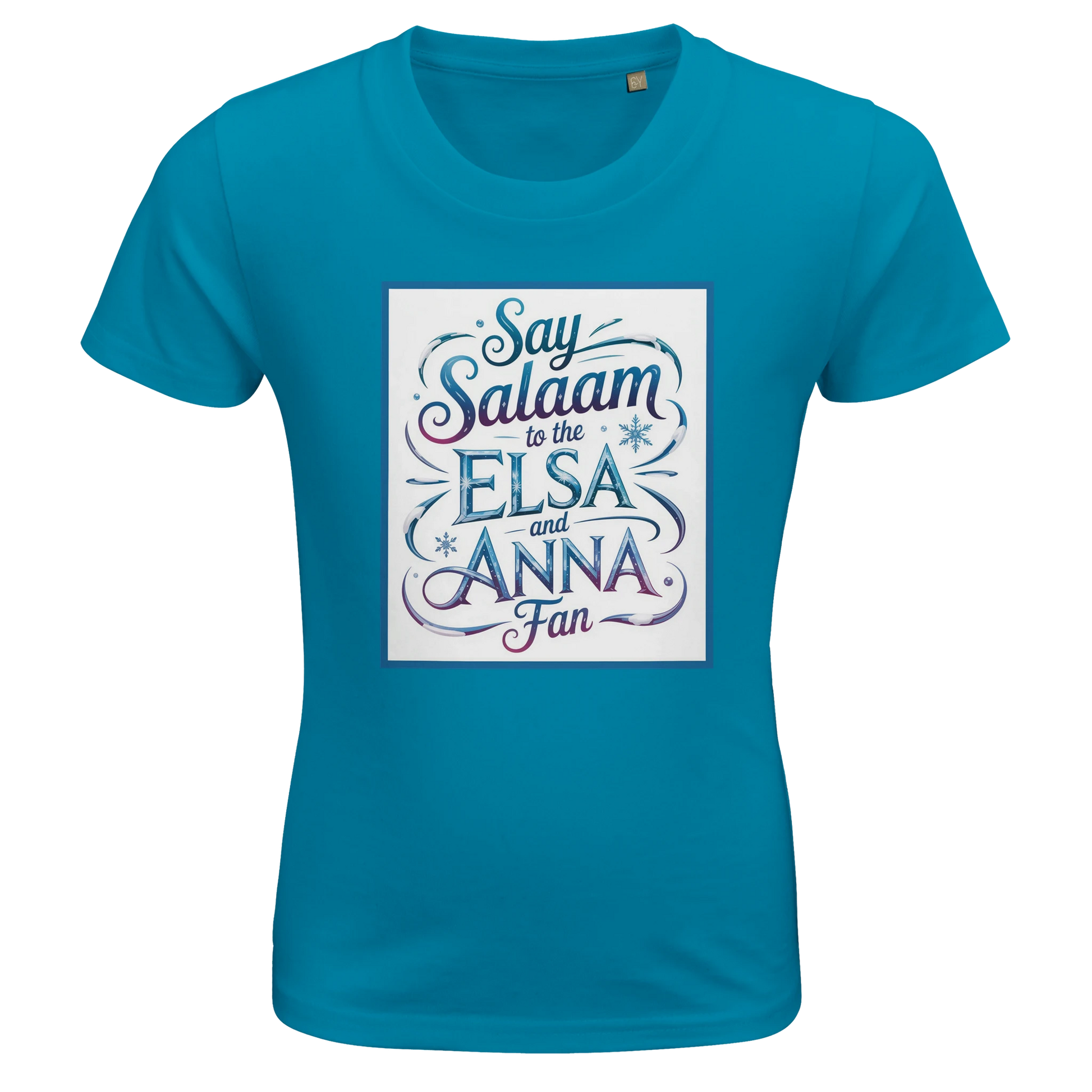 Say Salaam to the Elsa and Anna Fan Organic Kids Fitted T-Shirt (Aqua / Ocean Blue / Glacier Blue). Kids t-shirt featuring a decorative illustrated square panel and playful lettering printed across the chest. The flowing graphic styling reflects the magical icy themes loved by fans of the Disney Frozen movie and the beloved sisters Elsa and Anna. Soft organic cotton fabric offers breathable comfort and a smooth natural finish suitable for everyday wear, Let It Go songs & animated fairy-tale princess stories