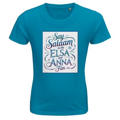 Say Salaam to the Elsa and Anna Fan Organic Kids Fitted T-Shirt (Aqua / Ocean Blue / Glacier Blue). Kids t-shirt featuring a decorative illustrated square panel and playful lettering printed across the chest. The flowing graphic styling reflects the magical icy themes loved by fans of the Disney Frozen movie and the beloved sisters Elsa and Anna. Soft organic cotton fabric offers breathable comfort and a smooth natural finish suitable for everyday wear, Let It Go songs & animated fairy-tale princess stories