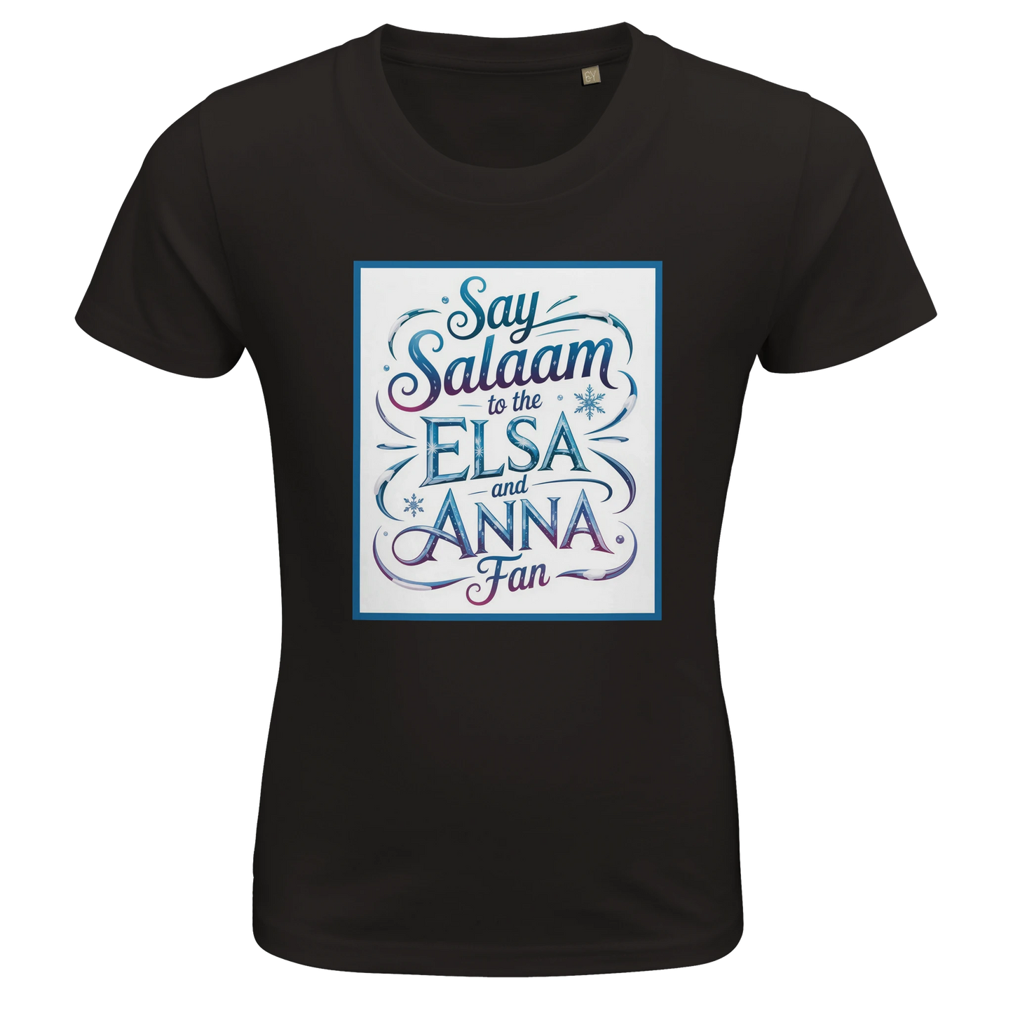 Say Salaam to the Elsa and Anna Fan Organic Kids Fitted T-Shirt (Deep Black / Jet Black). Kids t-shirt featuring a decorative illustrated square panel and playful lettering printed across the chest. The whimsical graphic styling reflects the magical winter storytelling loved by fans of the Disney Frozen movie and the pretty sisters Elsa and Anna. Soft organic cotton fabric provides cheap, breathable comfort and durability for everyday wear, Let It Go songs and animated Disney fairy-tale princess stories.